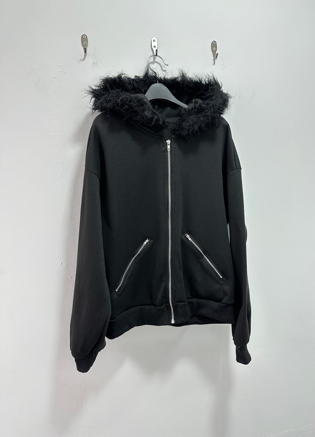 Shein black fur hood zip up 상품이미지5