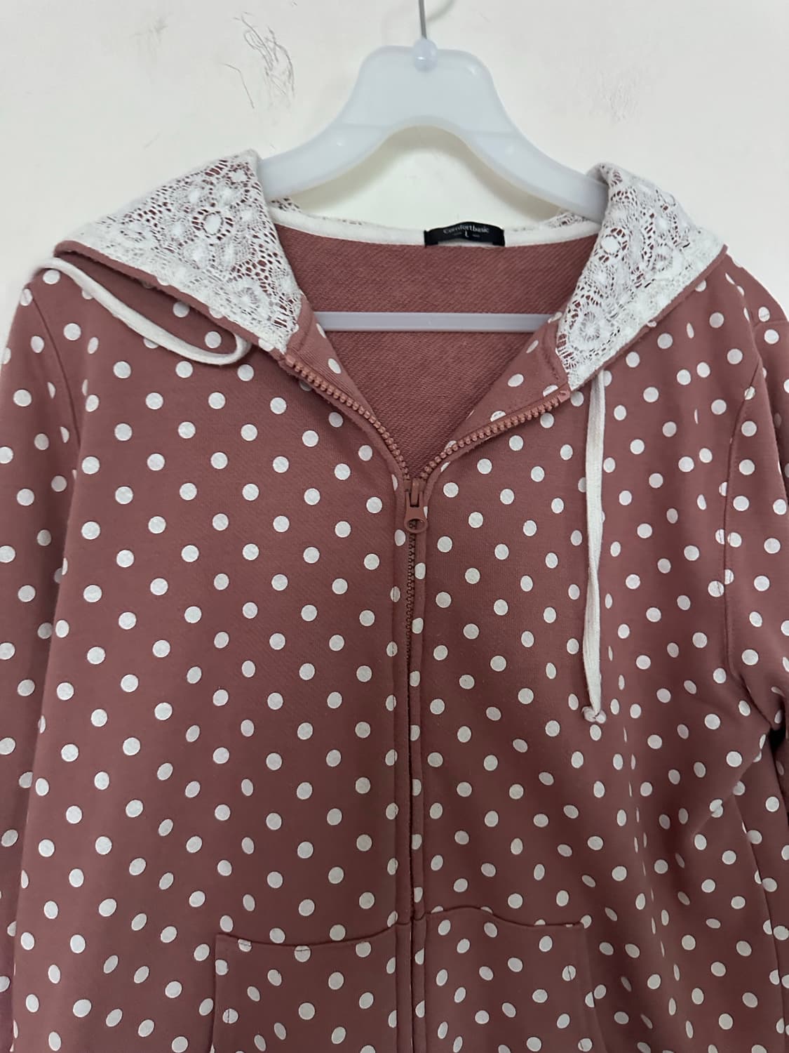 dot pattern lace hood zip-up 상품이미지4