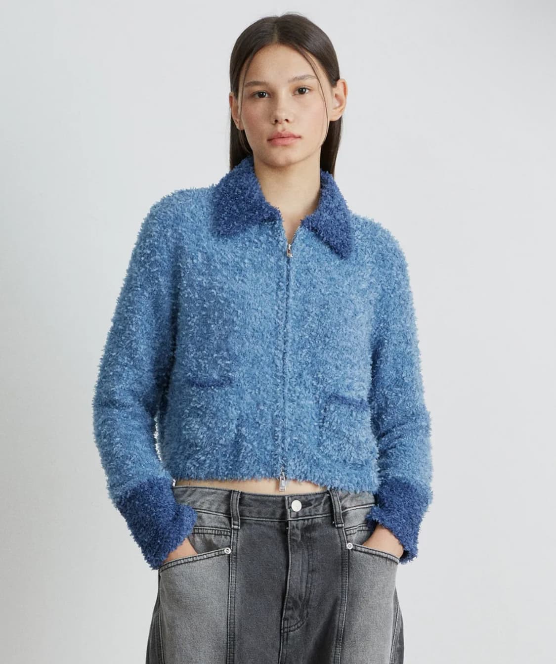 키뮤어 우먼 배색 카라 집업 니트가디건 겸 자켓 블루 상품이미지2