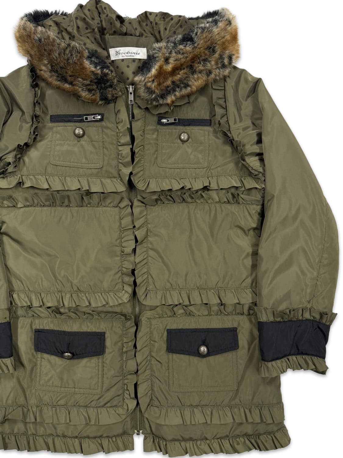 빈티지 Soobinie 카키 프릴 퍼 후드 패딩 상품이미지2