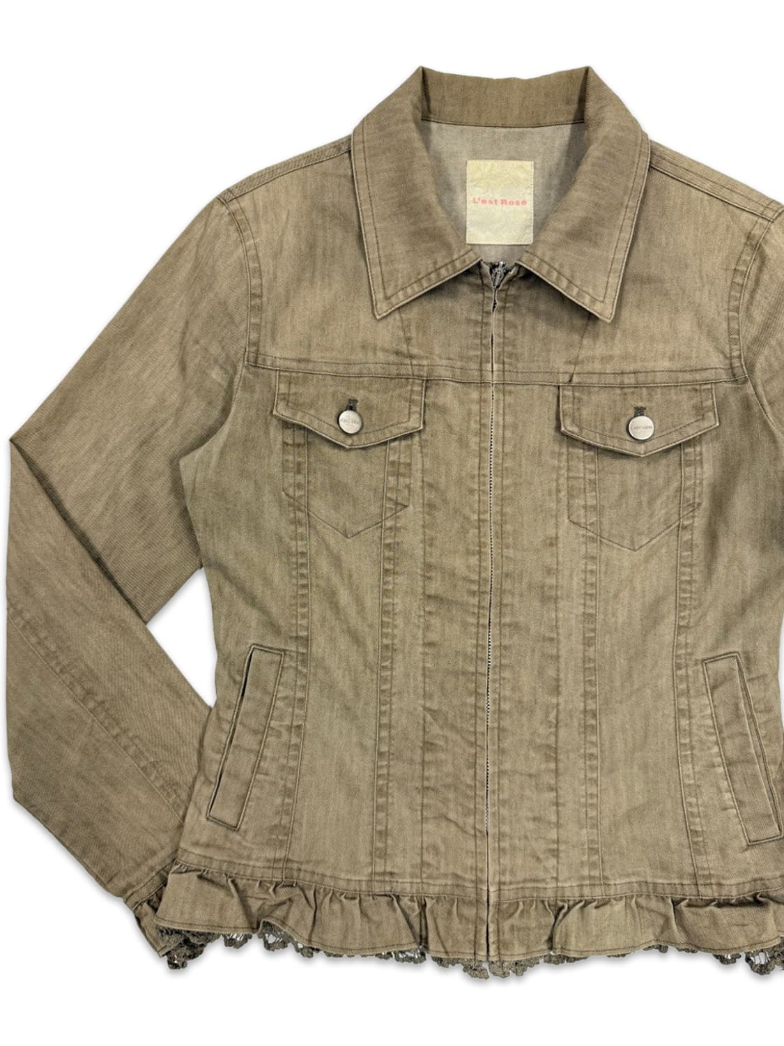 빈티지 L'est rose 라이트 카키 브라운 모리 레이스 집업 자켓 상품이미지2
