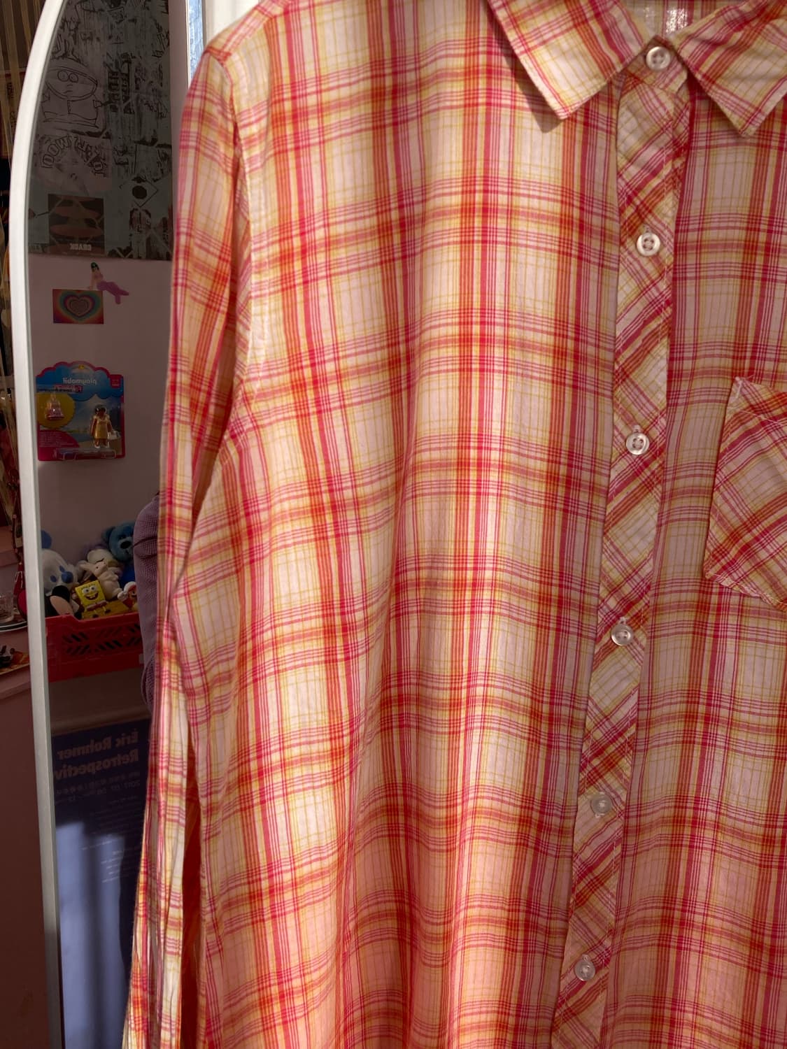 빈티지 오렌지핑크 코튼 100 체크 셔츠 상품이미지4
