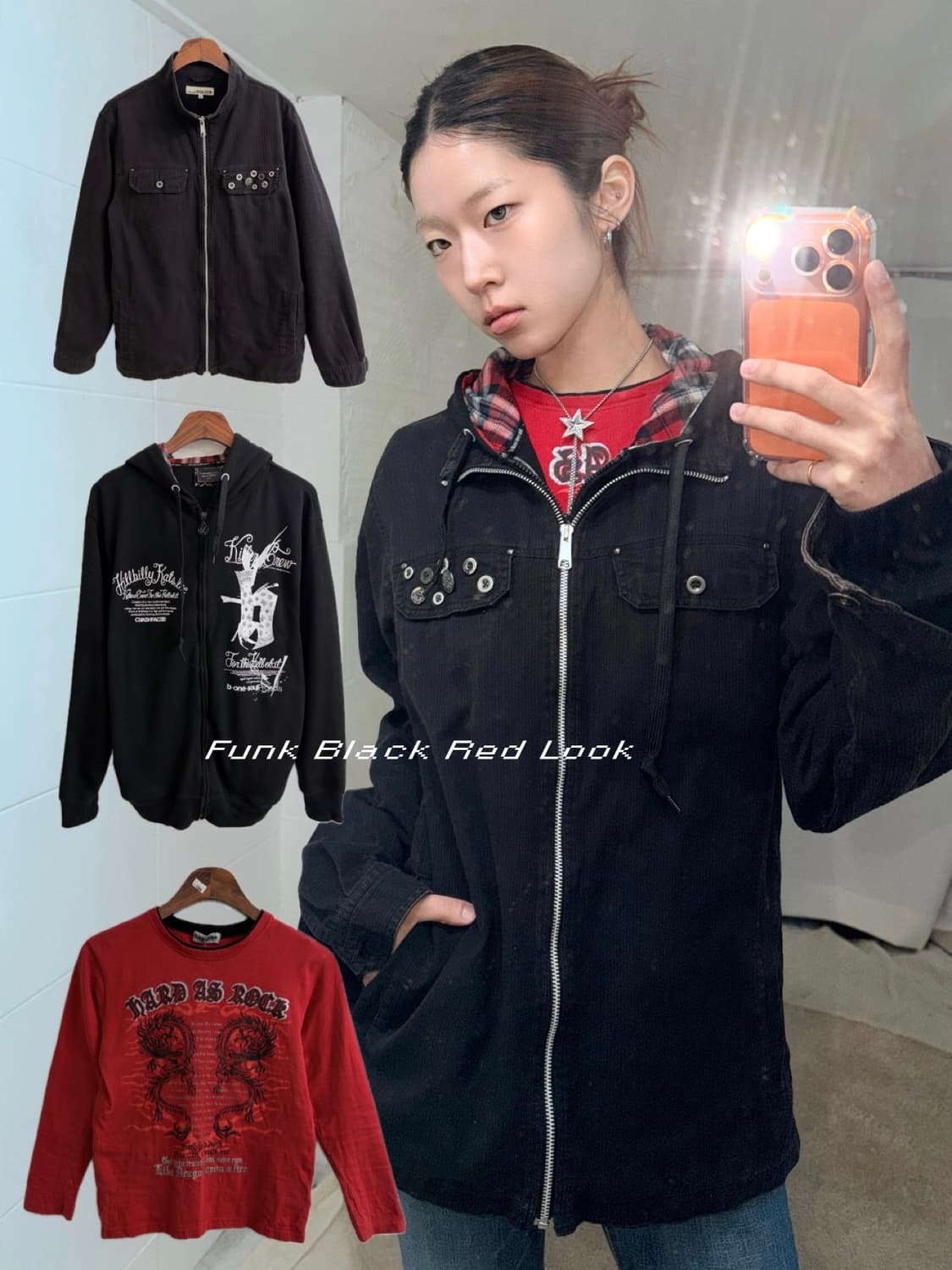 펑크 블랙 레드 자켓 후드집업 상의 세트 상품이미지1