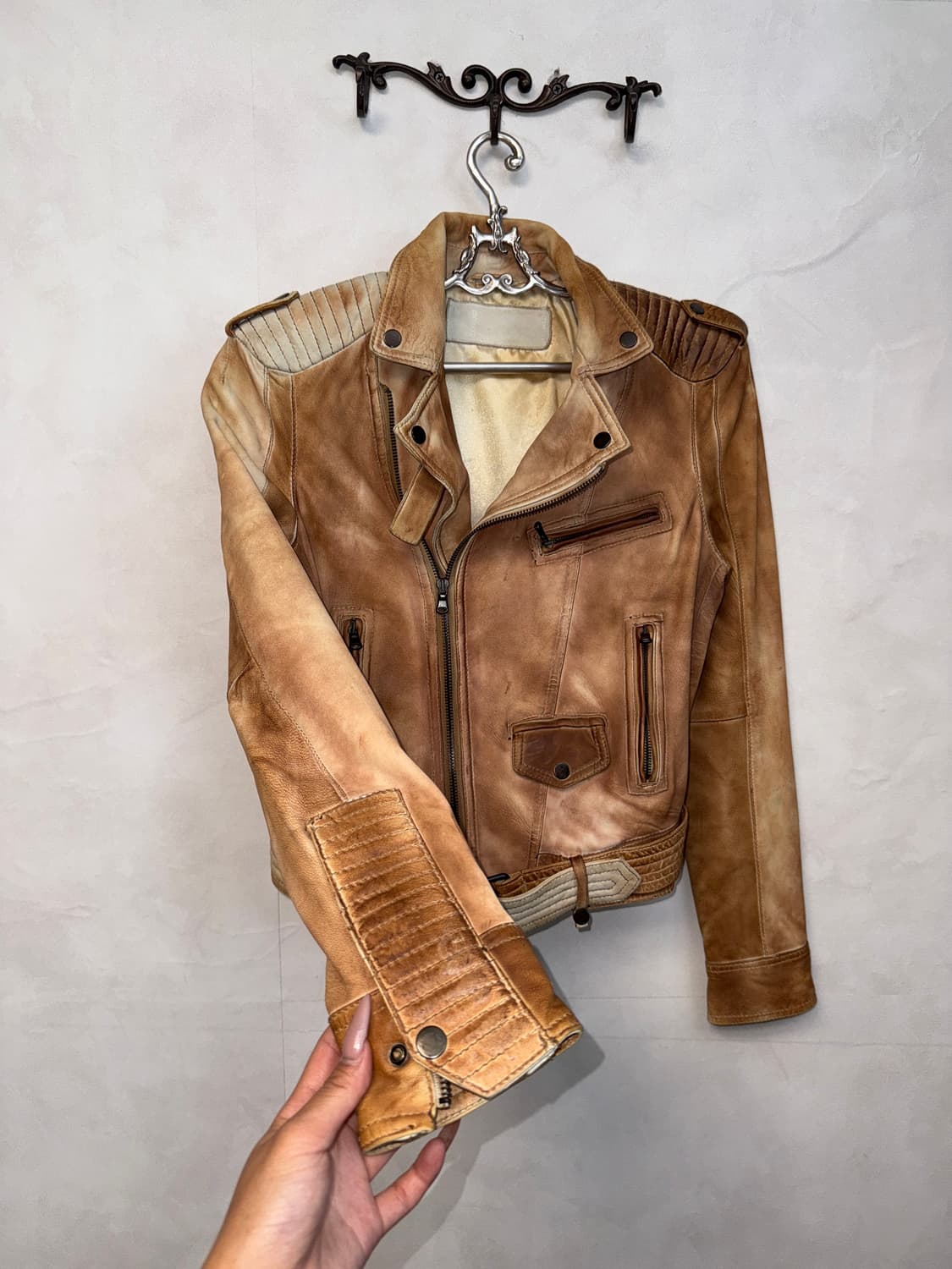 Camel brown tie dye lamb skin rider jk 상품이미지4