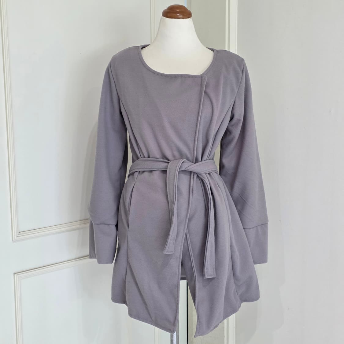 빈티지)허리끈포함 그레이 똑딱이 로맨틱 스나계st 모직 로브 미디 코트 상품이미지2
