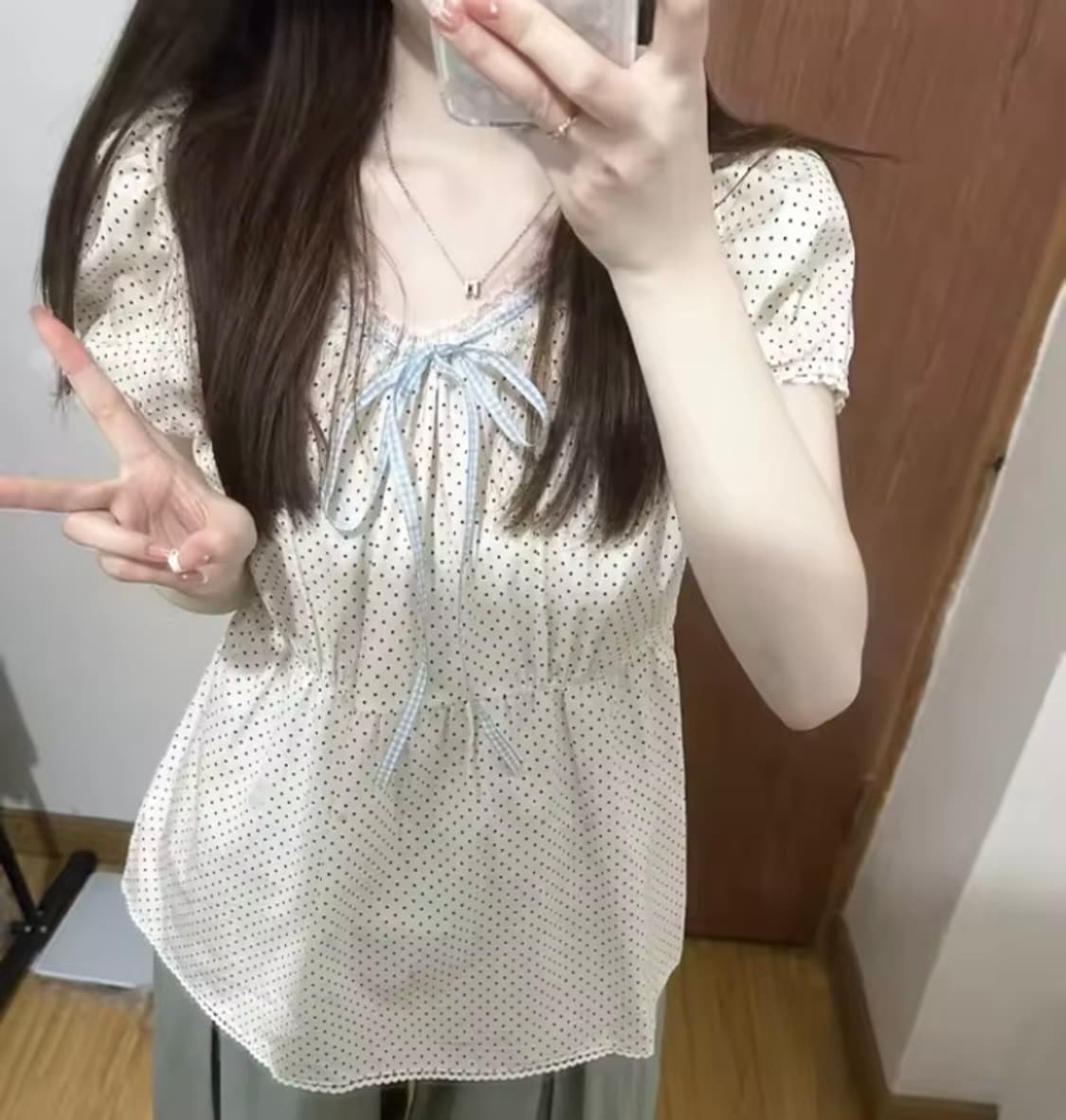 빈티지 모리걸 하구미 y2k 키치 도트 땡땡이 리본 반팔 퍼프 블라우스 상품이미지3