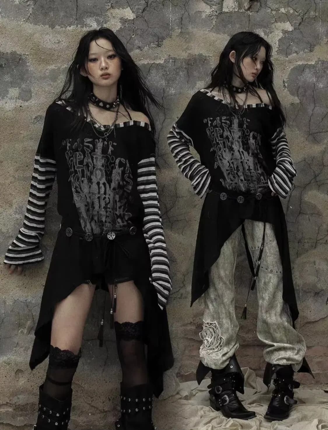 노로맨스 샵코르 스트릿 스트라이프 원숄더 니트 펑크 다크코어오즈온매드펑크 상품이미지1