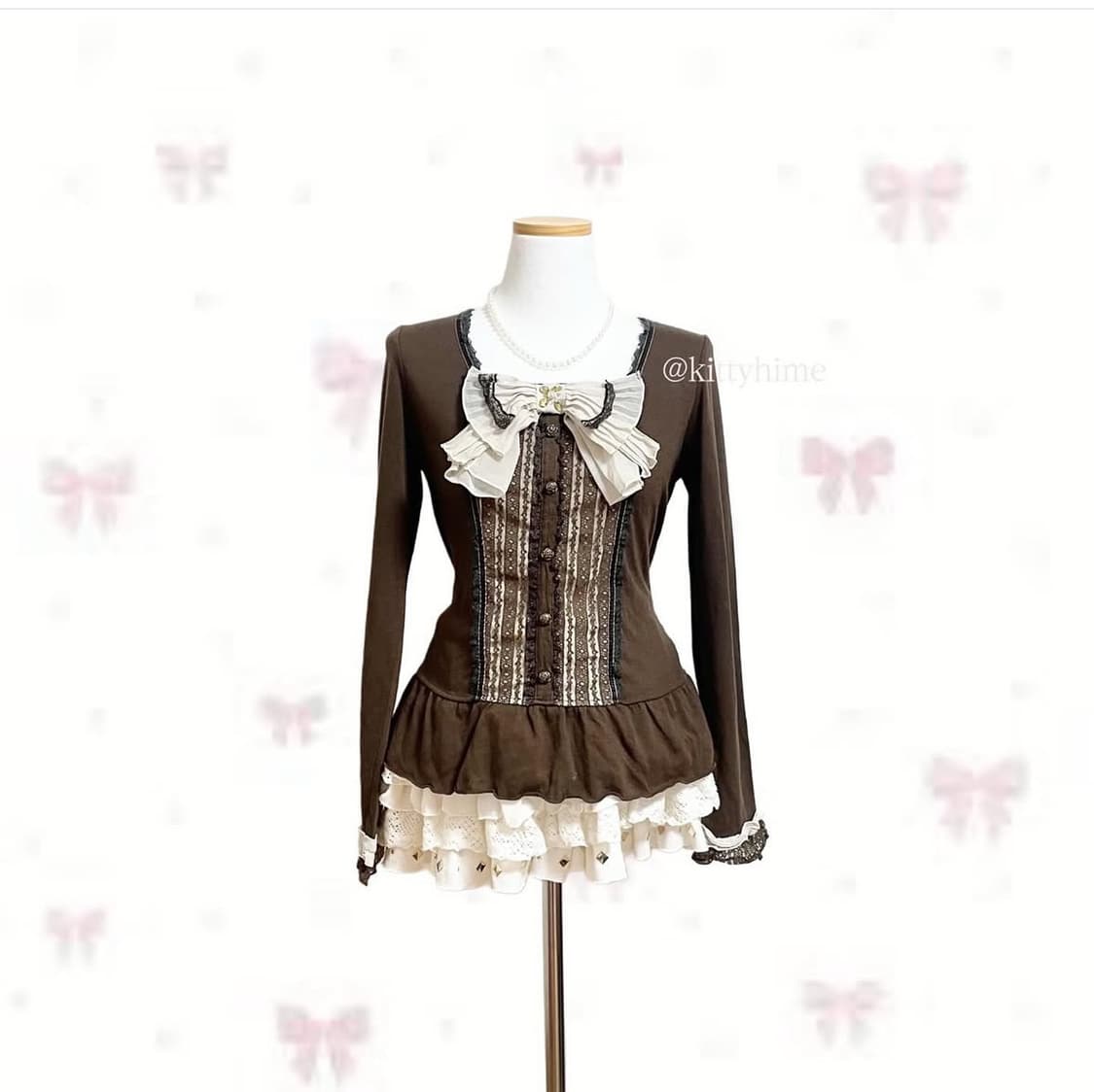 다크초코 엑시즈팜 리본 레이스 롱슬리브리스 상품이미지1