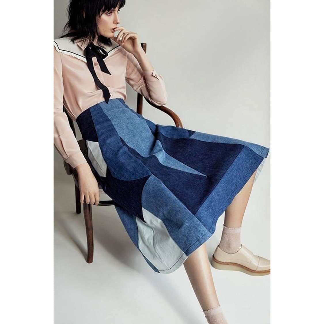 마쥬 패치워크 데님 미디 스커트 상품이미지1