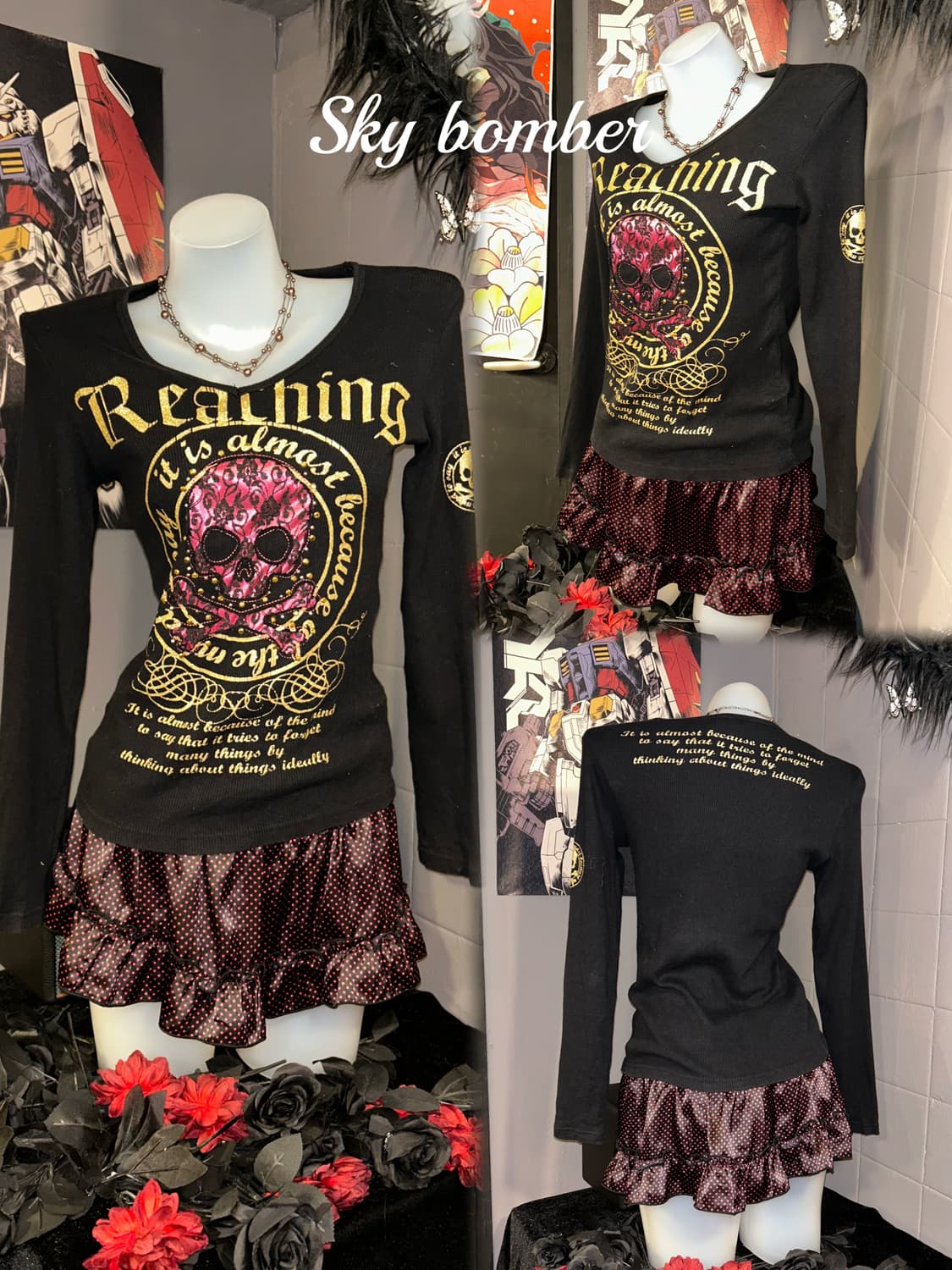 Sky Bomber 스카이봄버 해골레이스 큐빅 골지 긴팔티 펑크y2k갸루 상품이미지2