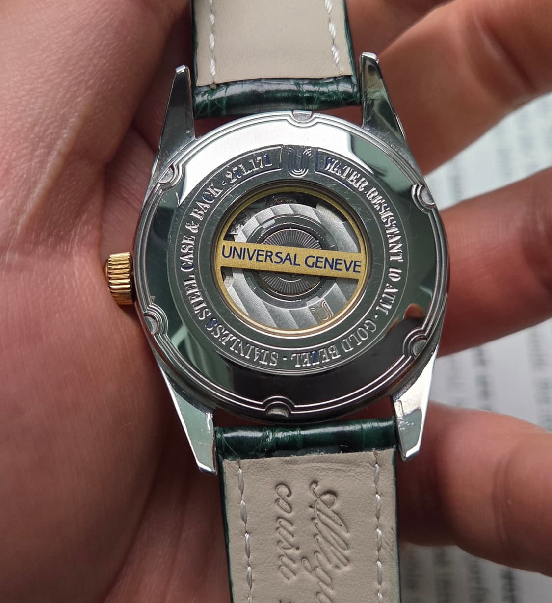 레어] 유니버셜 제네브 18K베젤 콤비 칼침핸즈 시스루백 오토매틱
 상품이미지6