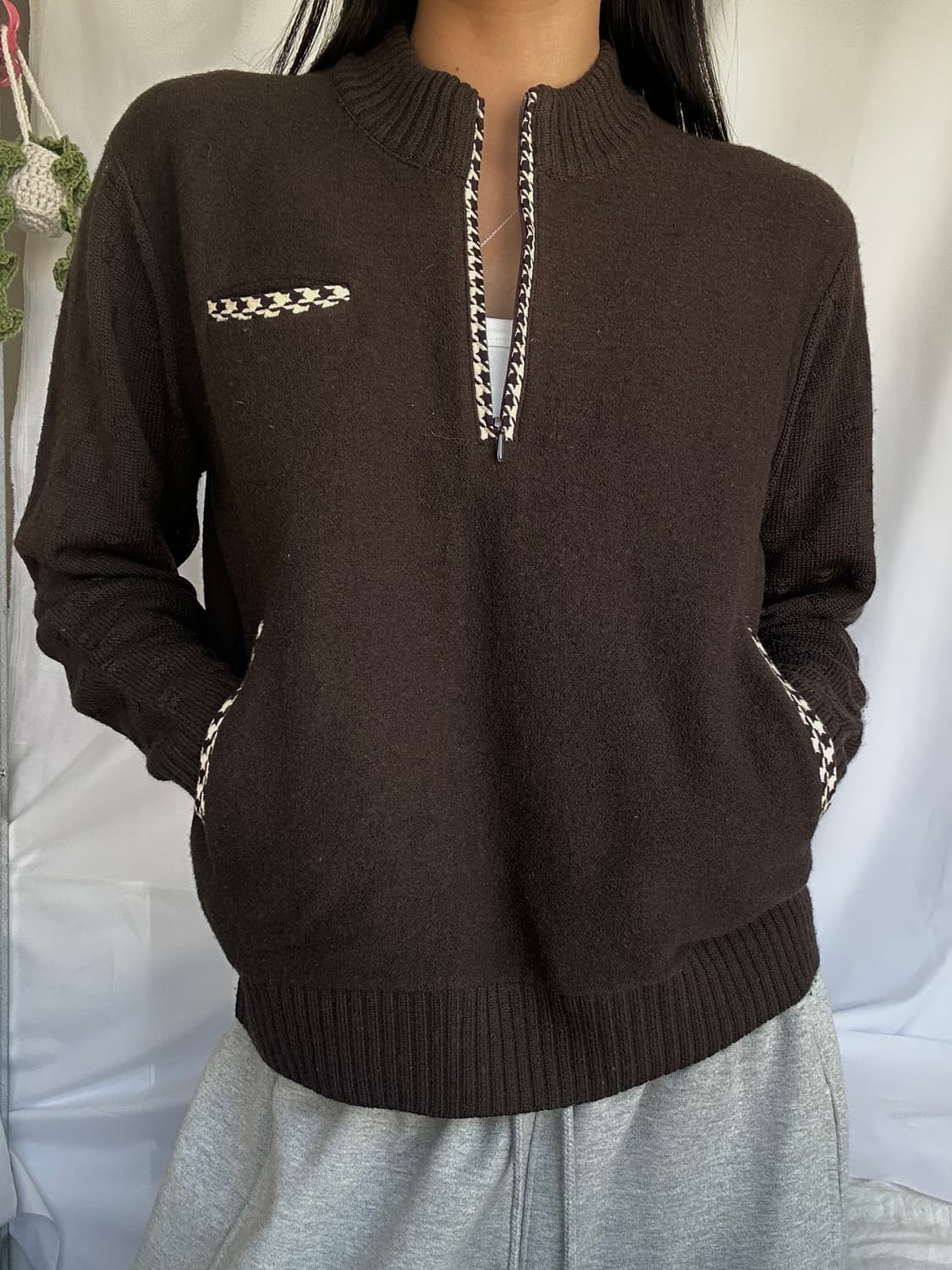 빈티지 브라운 반집업 니트맨투맨 상품이미지1