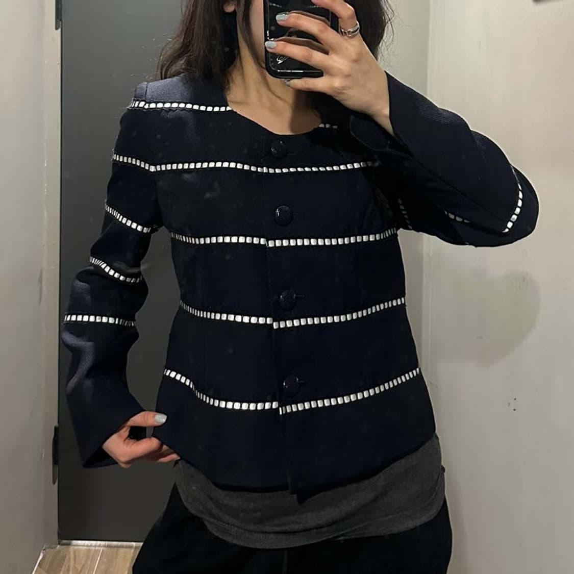 JPN VINTAGE 크롭 자켓 라운드넥 레이스 스트라이프 디테일 네이비 상품이미지6