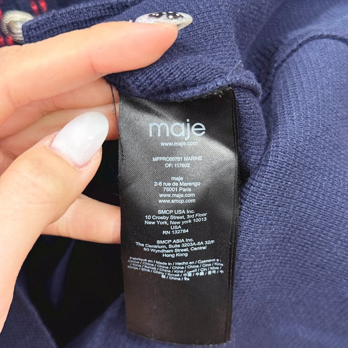 마쥬 반팔 니트 미니 원피스 배색 스티치 금장 버튼 디테일 네이비 상품이미지8