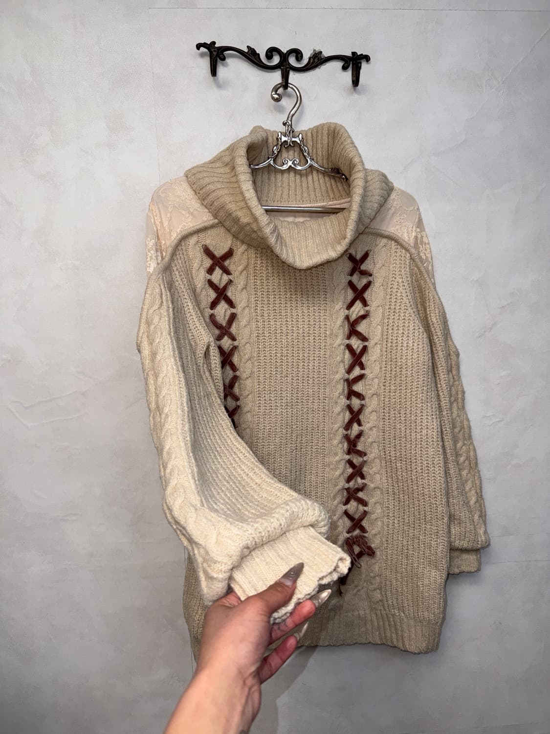 Ivory lace layered ribbon turtleneck ops 상품이미지5