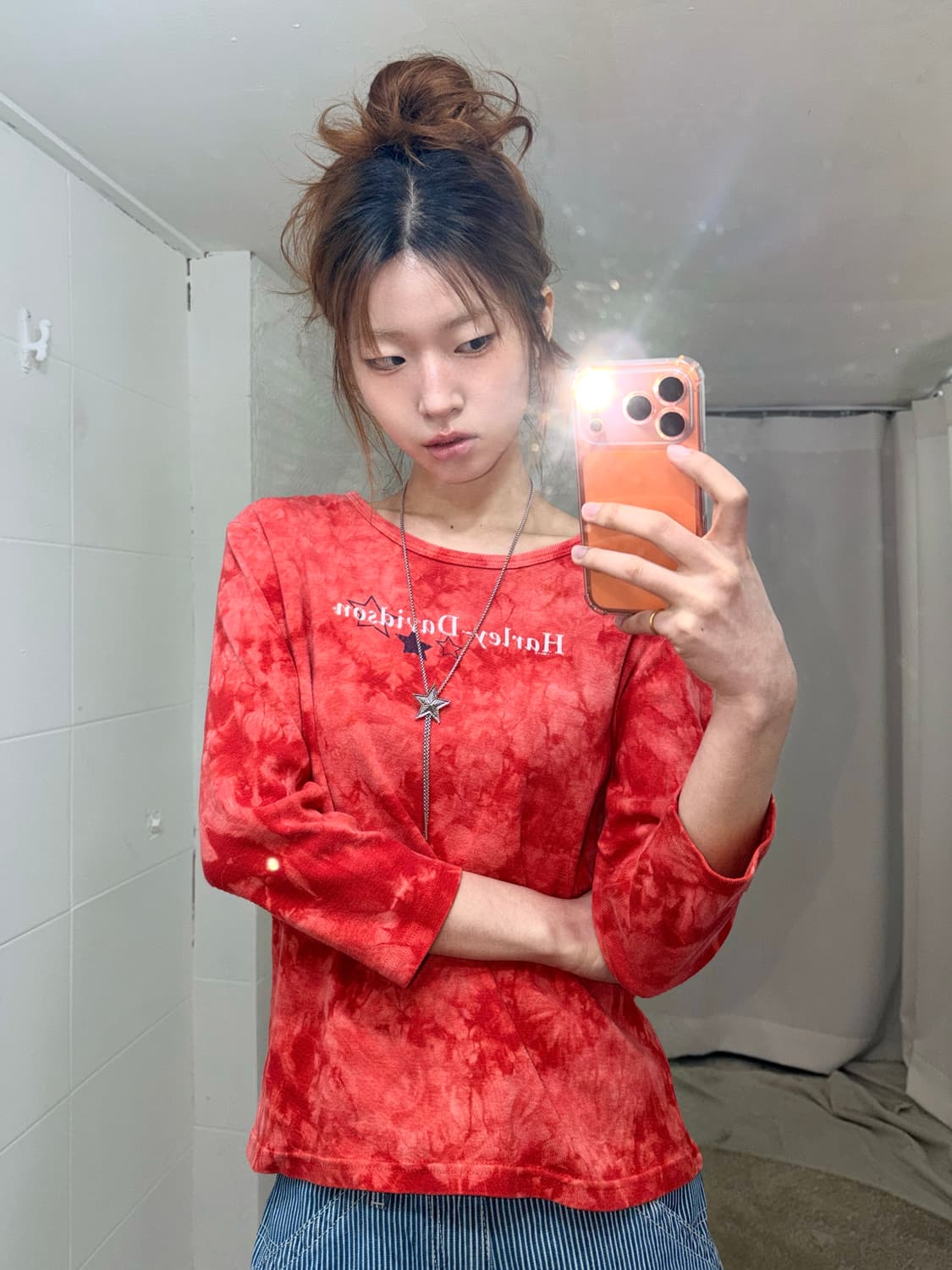 할리데이비슨 프린팅 레드 타이다이 7부 티셔츠 상품이미지3