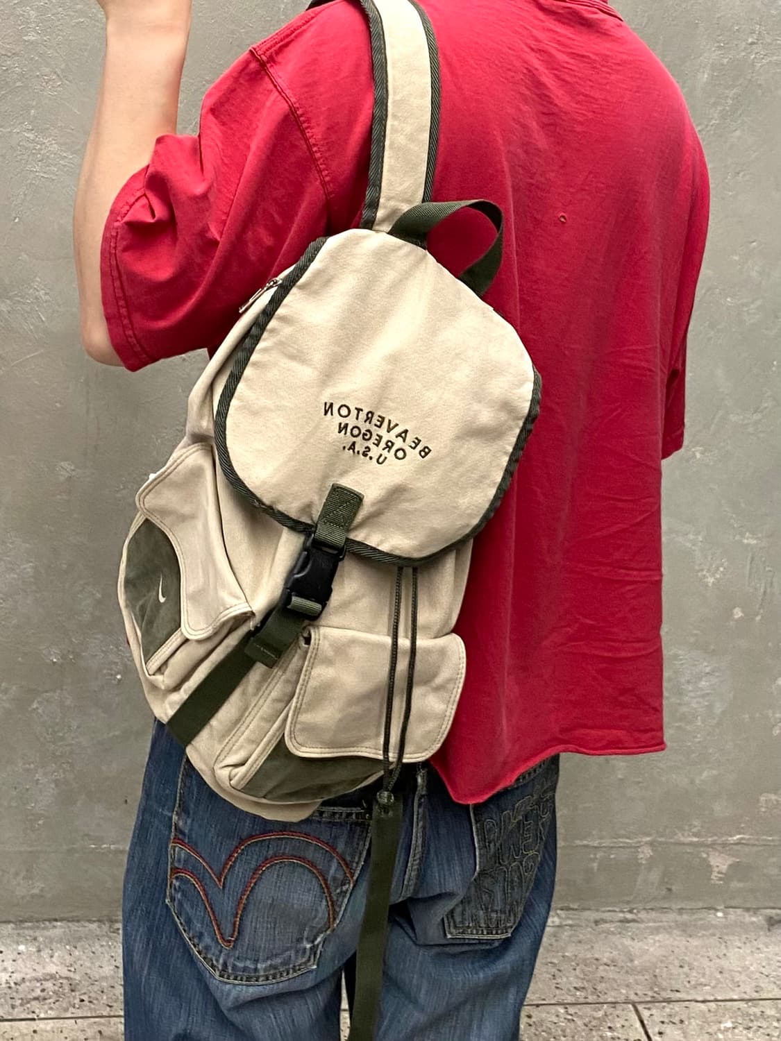 [34*47] rare 90-00s 나이키 카키 베이지 캔버스 럭색 상품이미지10