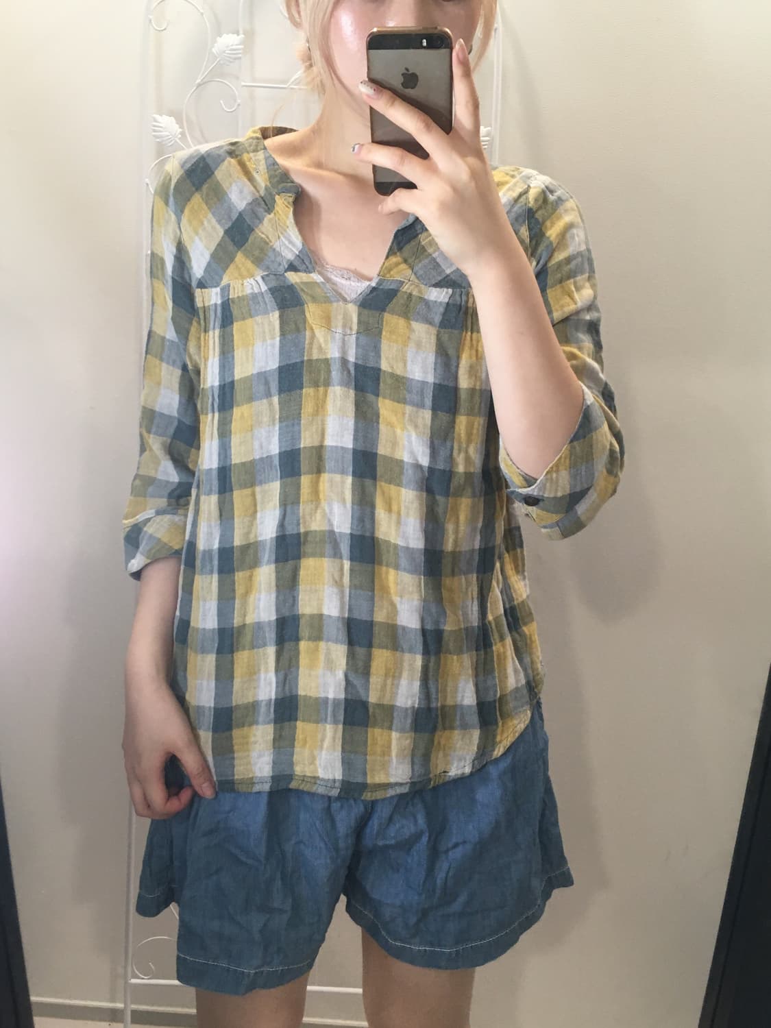 일본빈티지 블루 체크 블라우스 상품이미지2