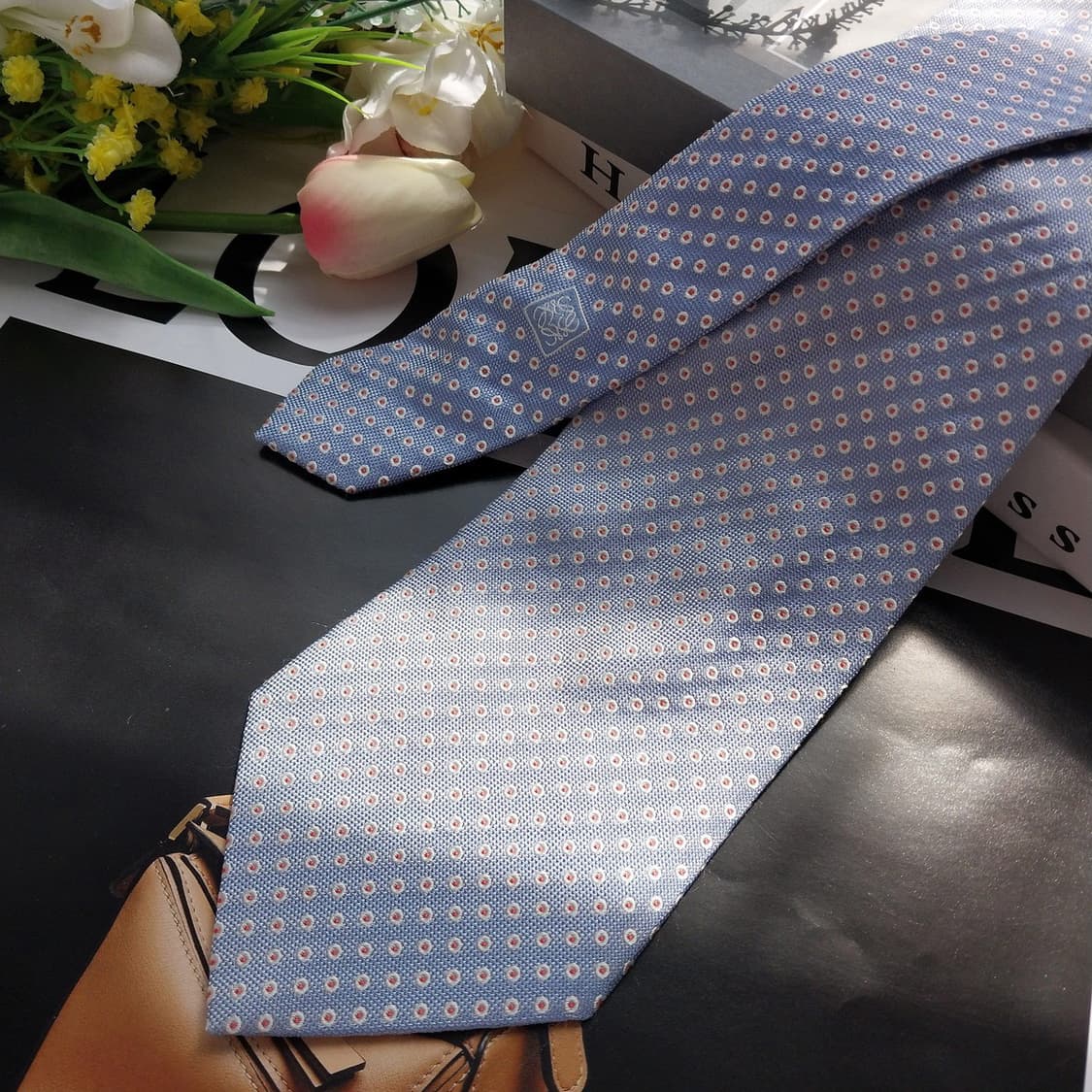 로에베 실크 블루 마이크로 도트 넥타이 9cm A-등급 K889 상품이미지3