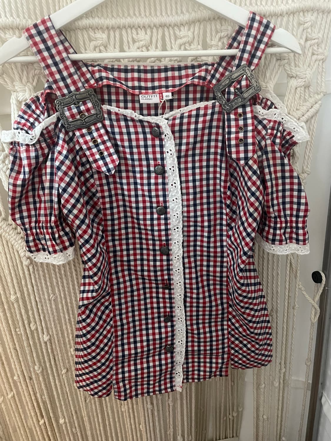 레그 체크 오프숄더 퍼프 블라우스 상품이미지1