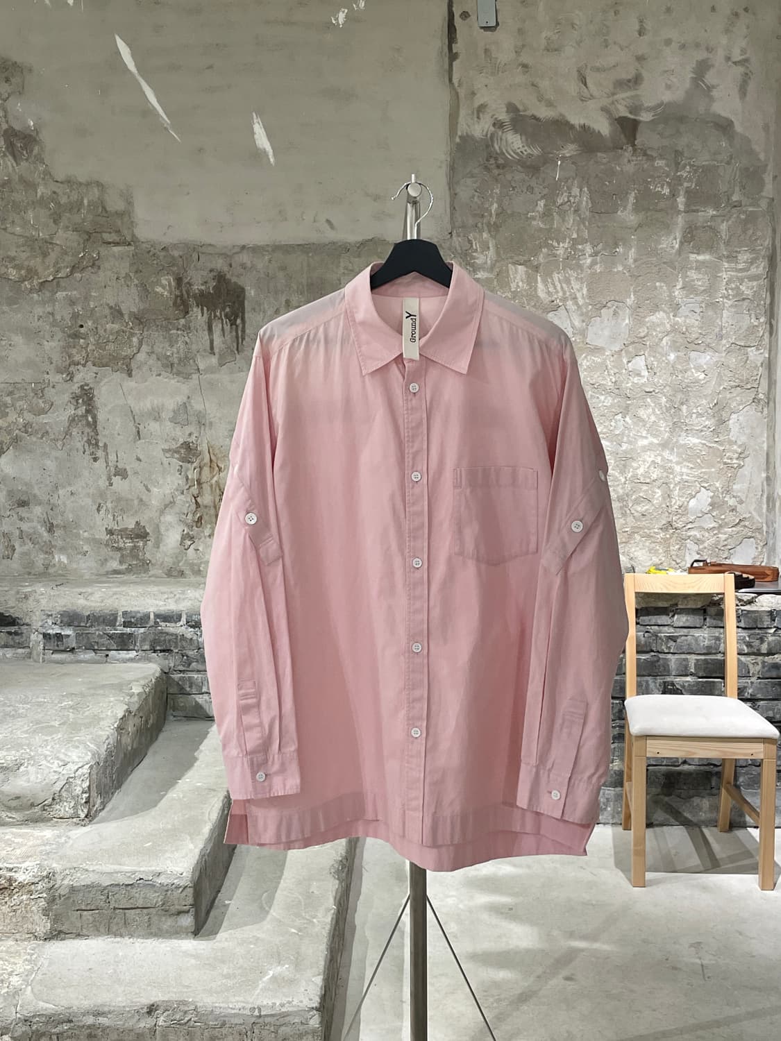 요지 야마모토 ground y 핑크 요크 버튼 원 포켓 코튼 셔츠 상품이미지1