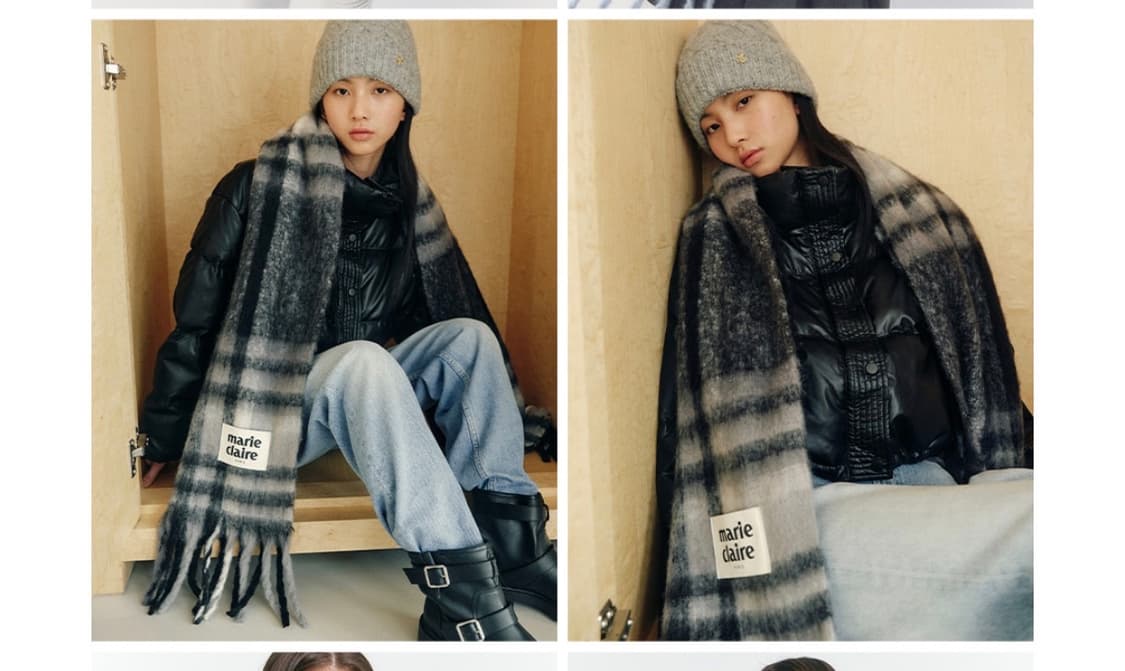 마리끌레르 배색체크 브러쉬 니트 머플러 블랙 (미개봉) 상품이미지2