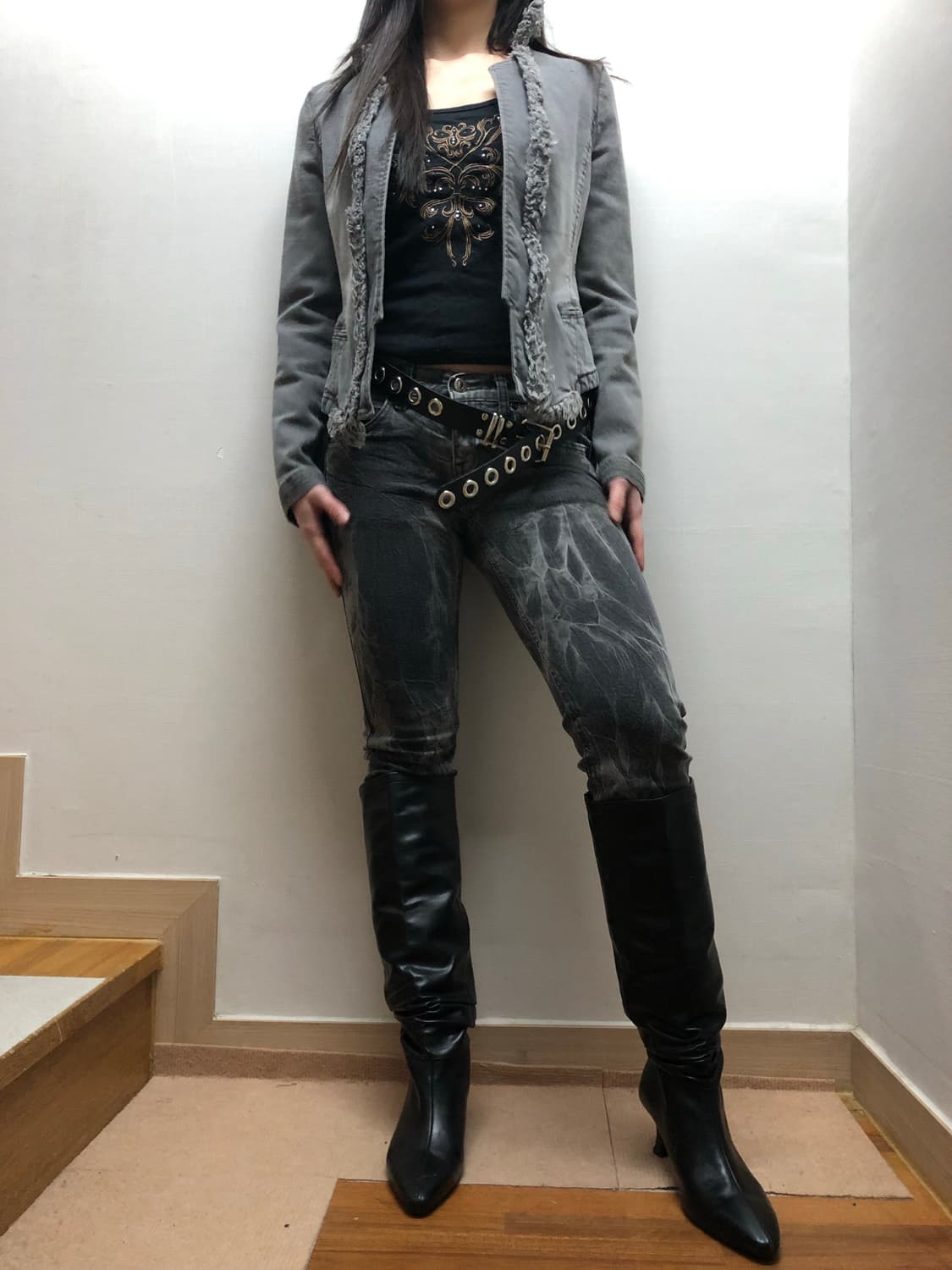 빈티지 블랙 펑크 데님 팬츠 상품이미지3