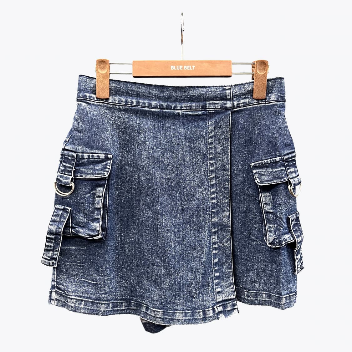 JPN VINTAGE 데님 숏 팬츠 랩 스커트 카고 뒷밴딩 진청 치마바지 상품이미지1