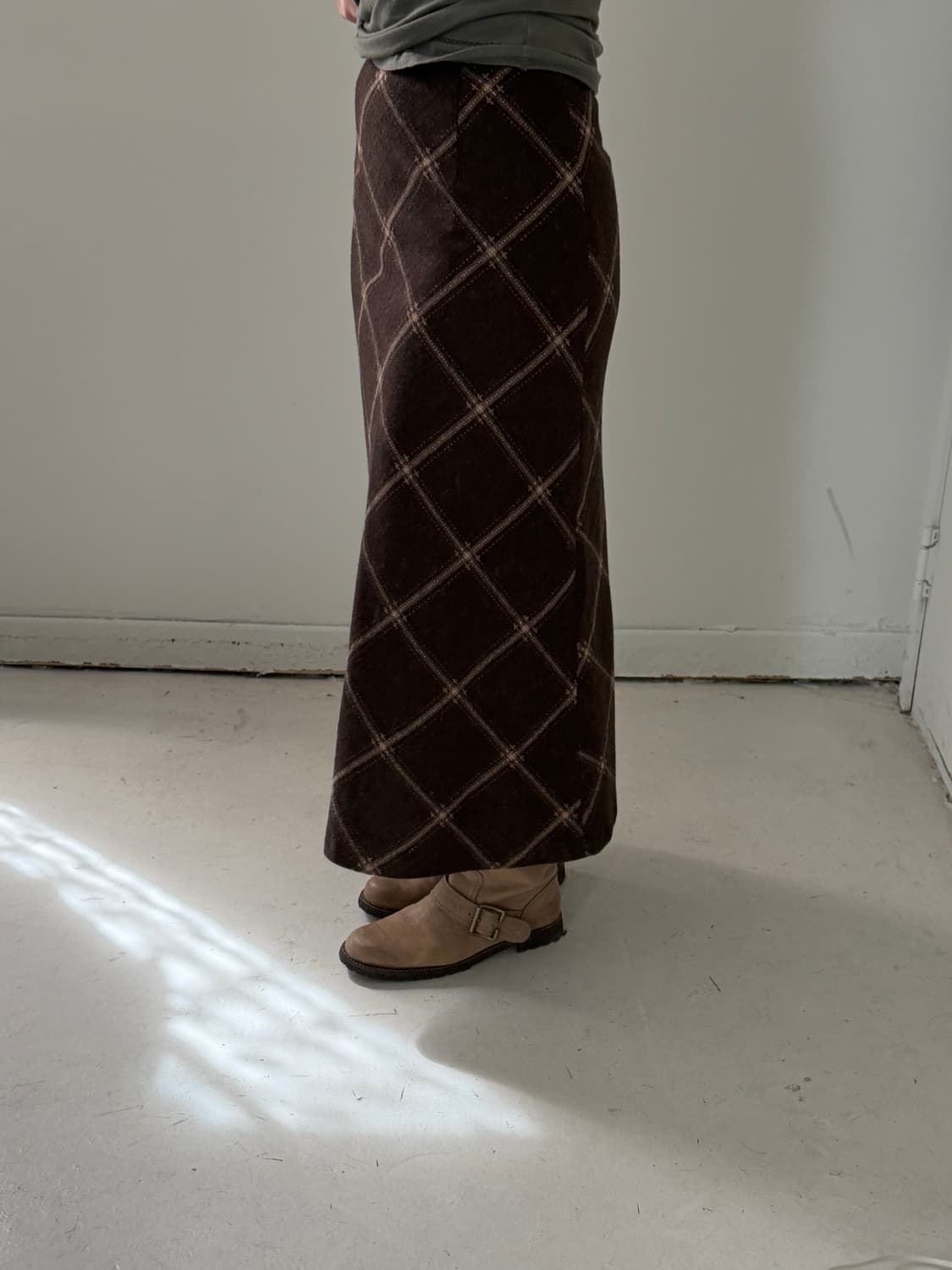 일본빈티지 브라운 체크 롱스커트 상품이미지3
