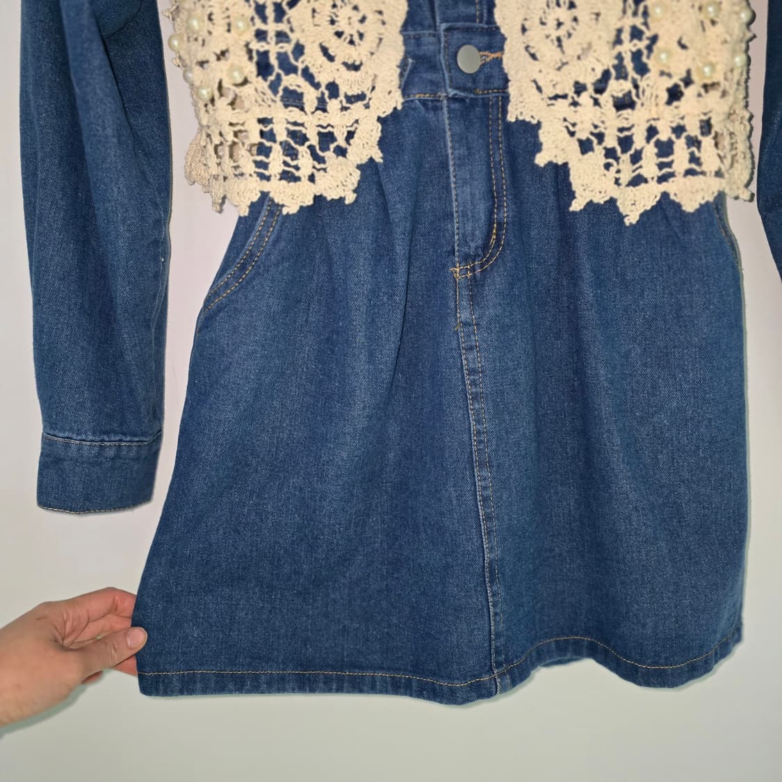 데님 원피스 + 뜨개 조끼 세트 S 상품이미지3