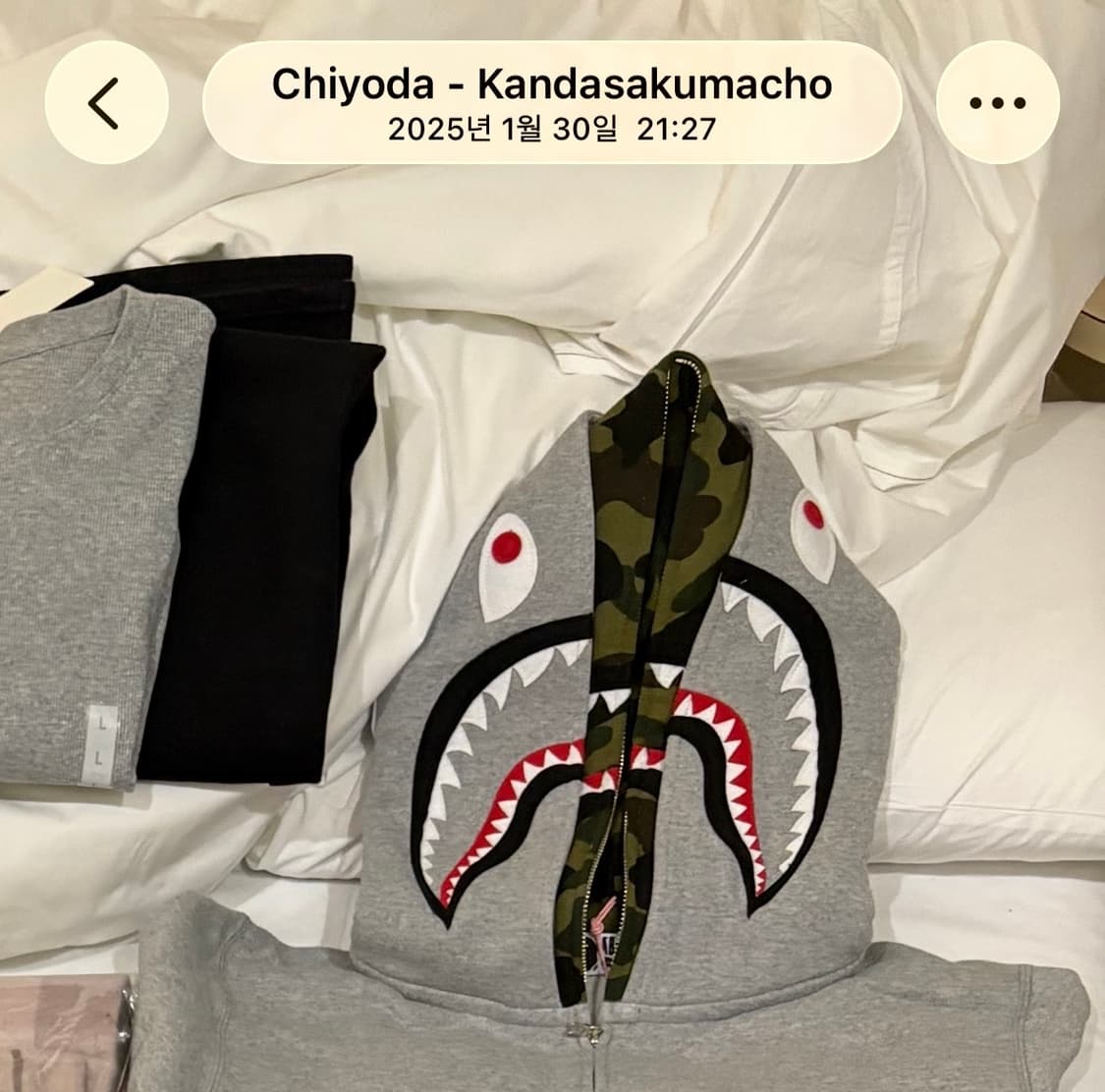 BAPE 베이프 퍼스트 카모 샤크 풀 집 더블 후드 그레이 상품이미지3