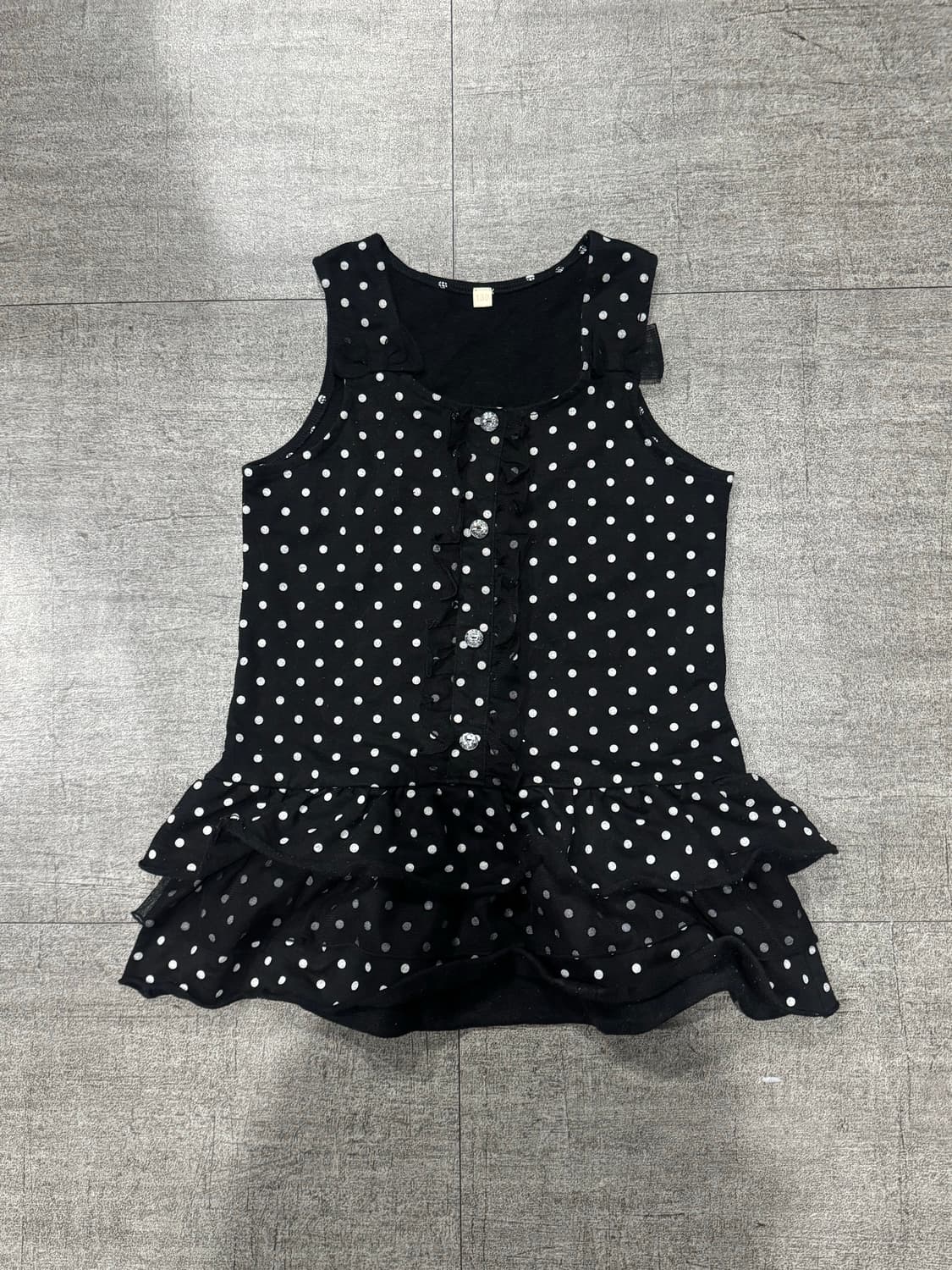 일본빈티지 하구미모리걸 달천깔페어리 도트땡땡이 리본슬리브리스 나시탑 상품이미지1