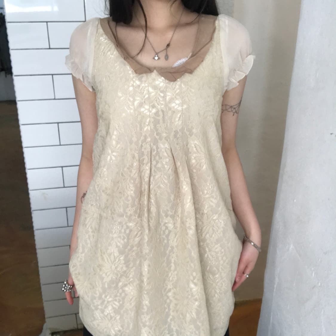 레이빔즈 레이스 퍼프 슬리브 믹스 원피스 상품이미지2