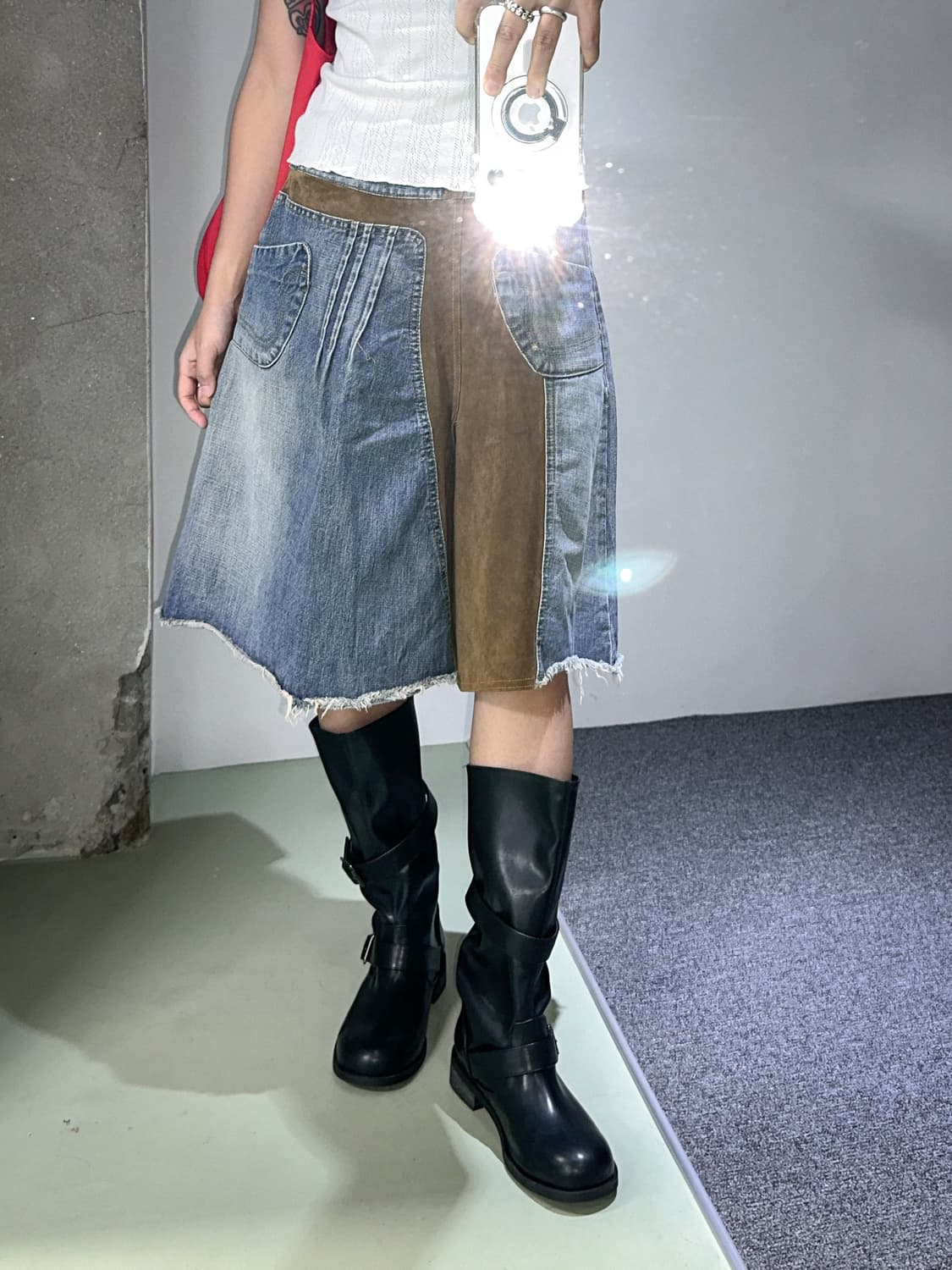 denim/suede midi skirt 상품이미지1