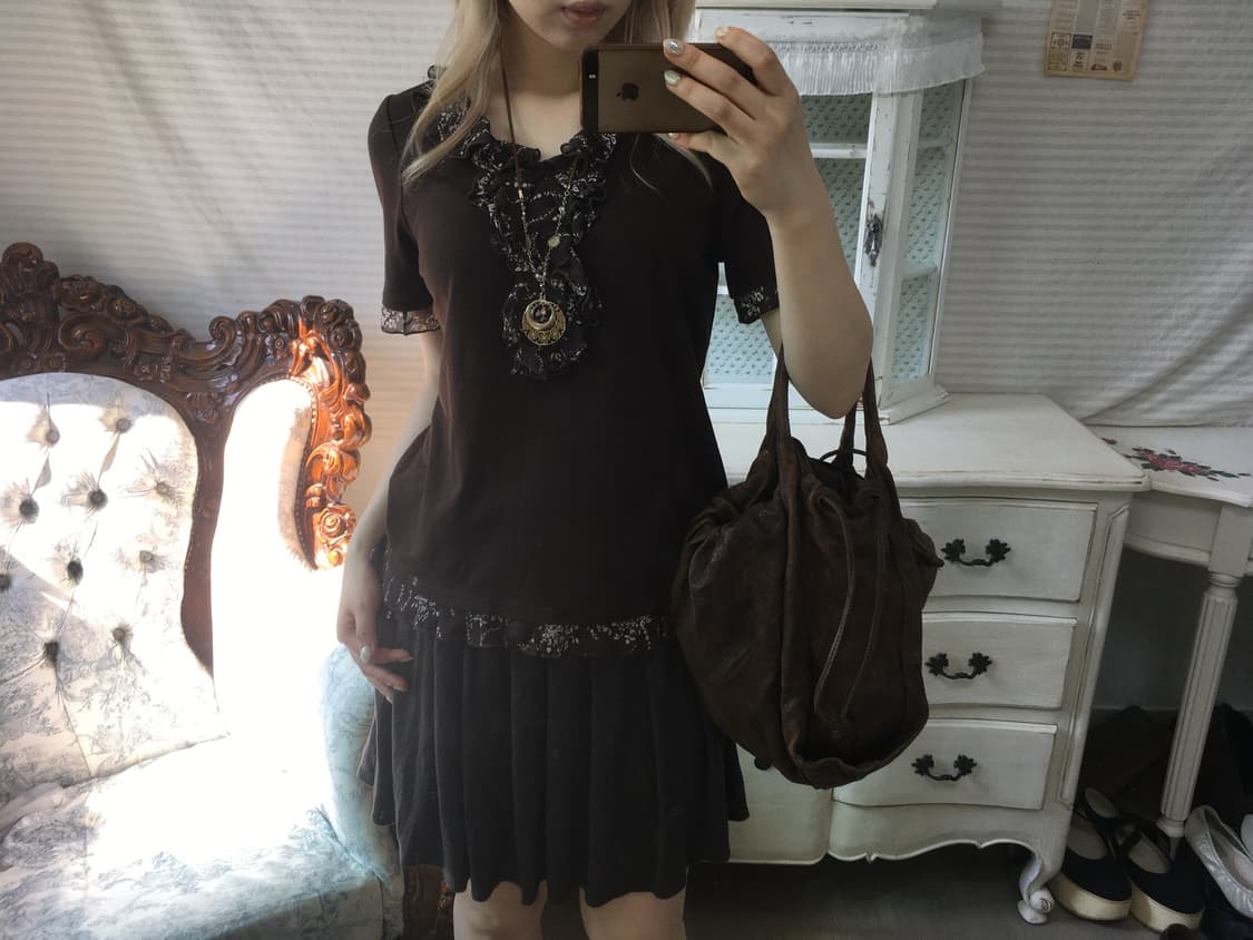 jpn vintage brown shirring frill blouse  상품이미지4