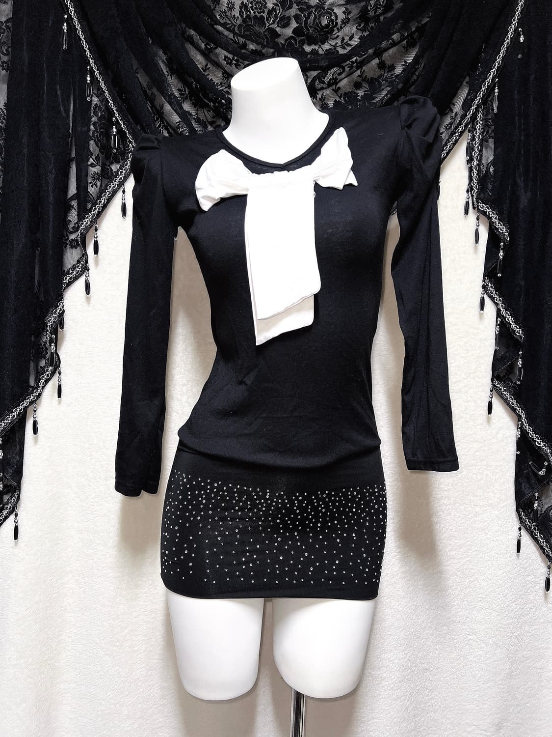 로맨틱고딕 고스 오네갸루 히메 왕리본 퍼프숄더 미니원피스 섹시 연말 파티 상품이미지7