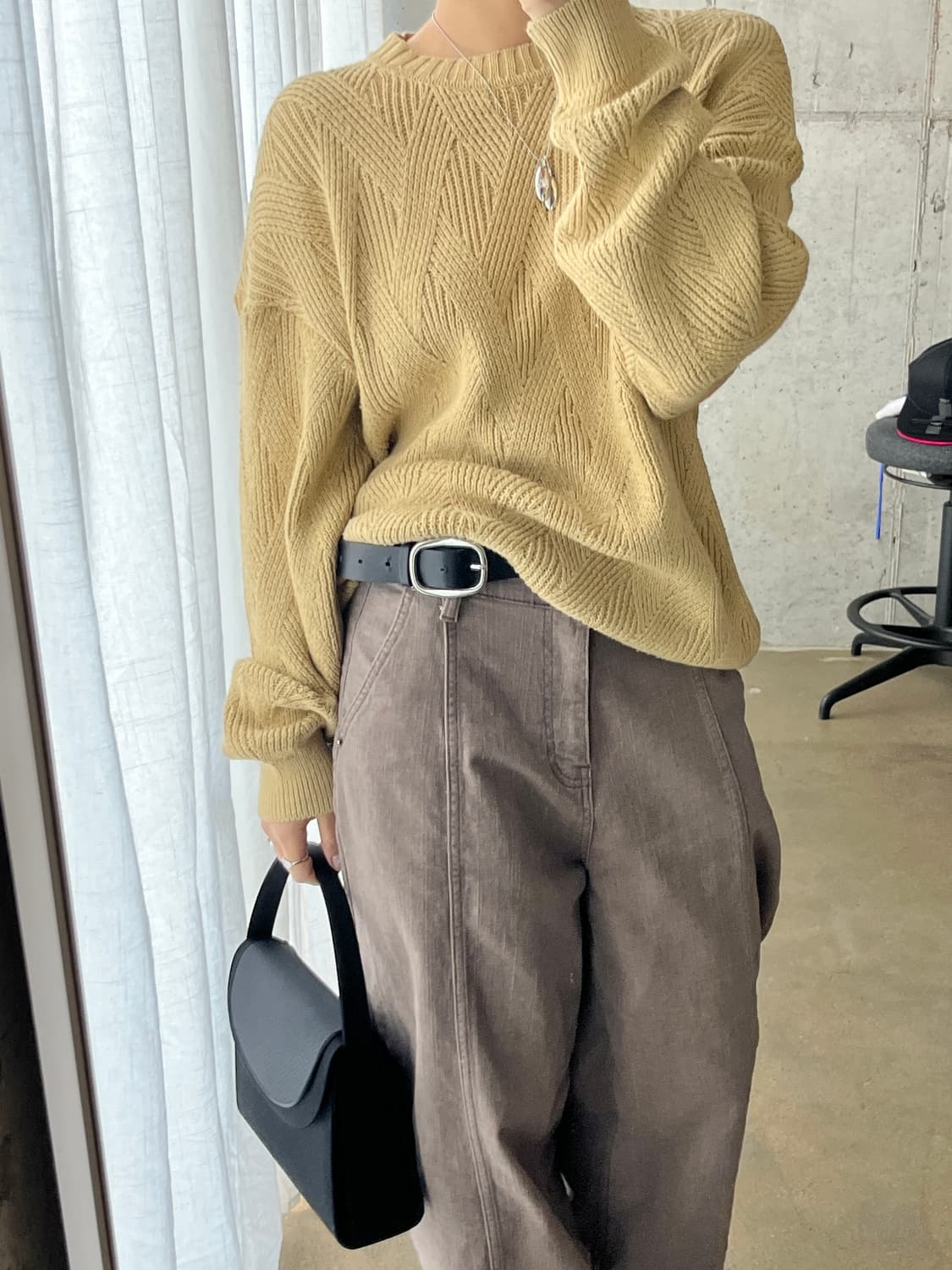 Mitsumine 케이블 롱슬리브 스웨터 버터베이지 상품이미지3