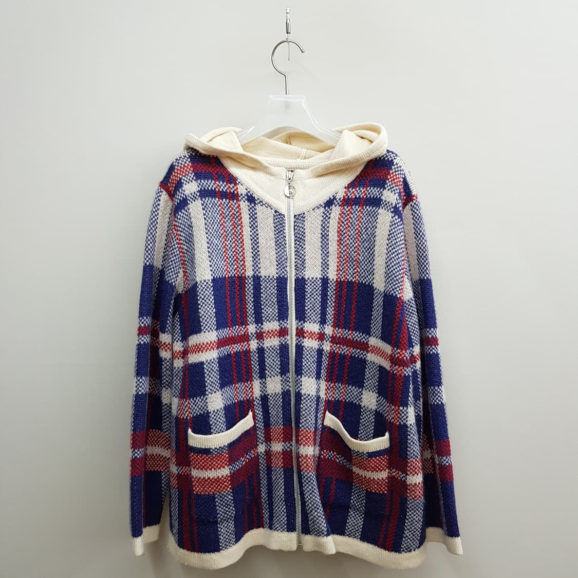 에르 ELLE 체크 패턴 니트 후드 집업 가디건 66사이즈 상품이미지2