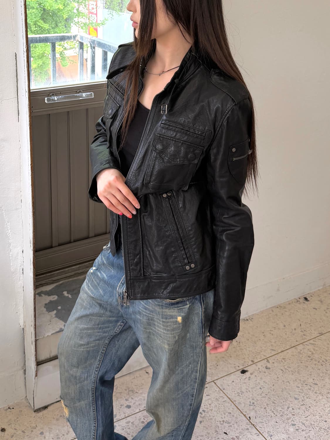 멀티 포켓 빈티지 레더 자켓 상품이미지5