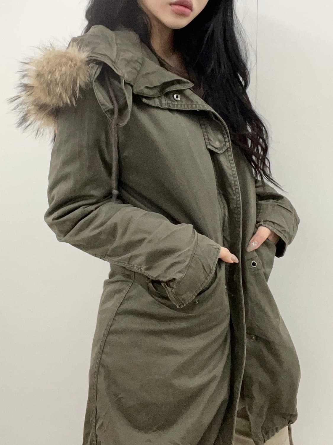  Khaki long hoodie fur fish tail jacket 상품이미지1