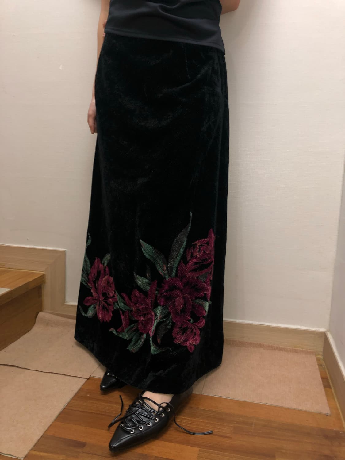빈티지 블랙 오리엔탈 플라워 롱 스커트 상품이미지2