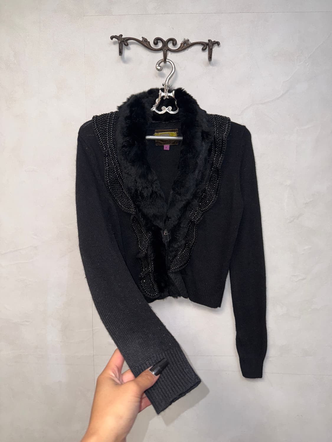 Black fur beads ruffle zipup cardigan 상품이미지5