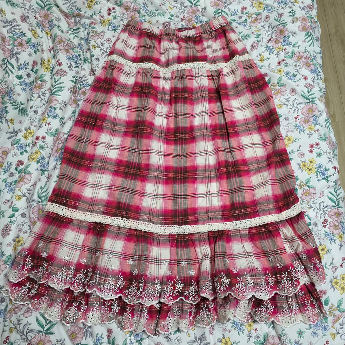 세실맥비 일본빈티지)패치워크st 체크 핑크 캉캉 레이스 밴딩 롱스커트 상품이미지5