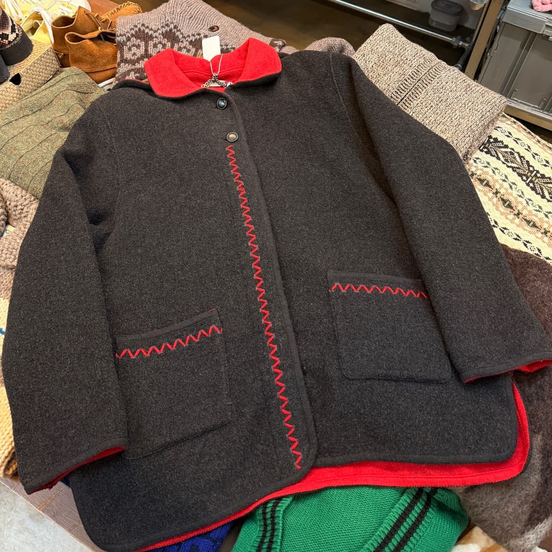 이탈리아 생산 울혼방 에스닉 네이티브 스티치 드레이프 숏 코트 자켓 상품이미지1