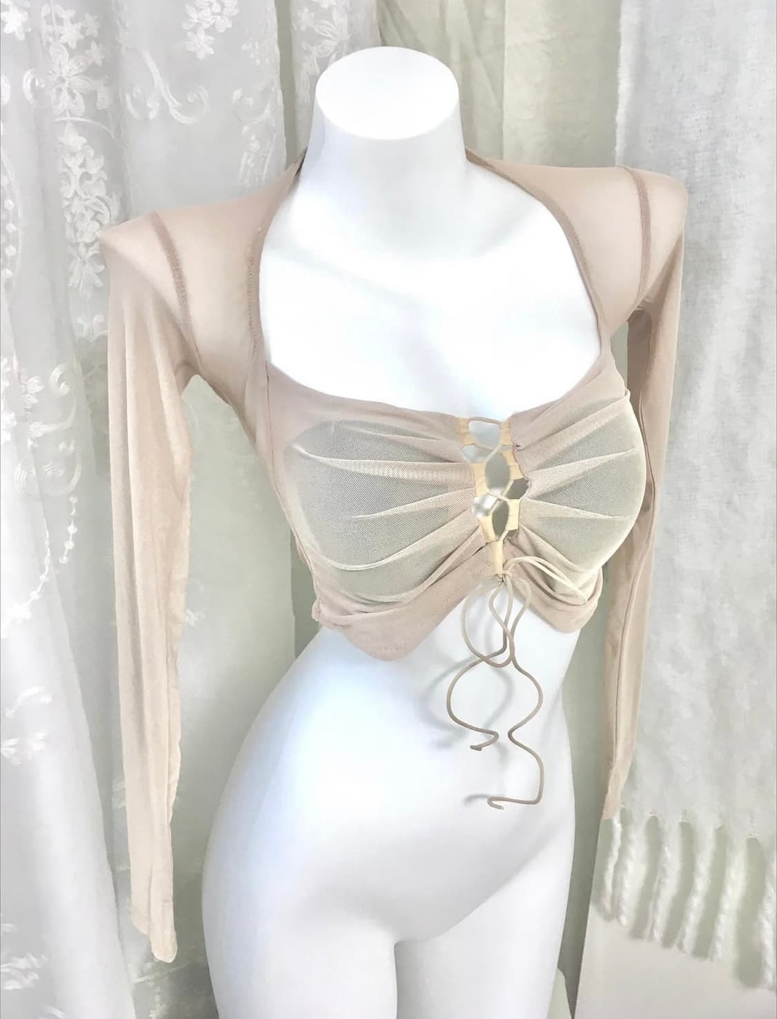 빈티지 베이지 셔링 시스루 크롭 롱슬리브 상품이미지1