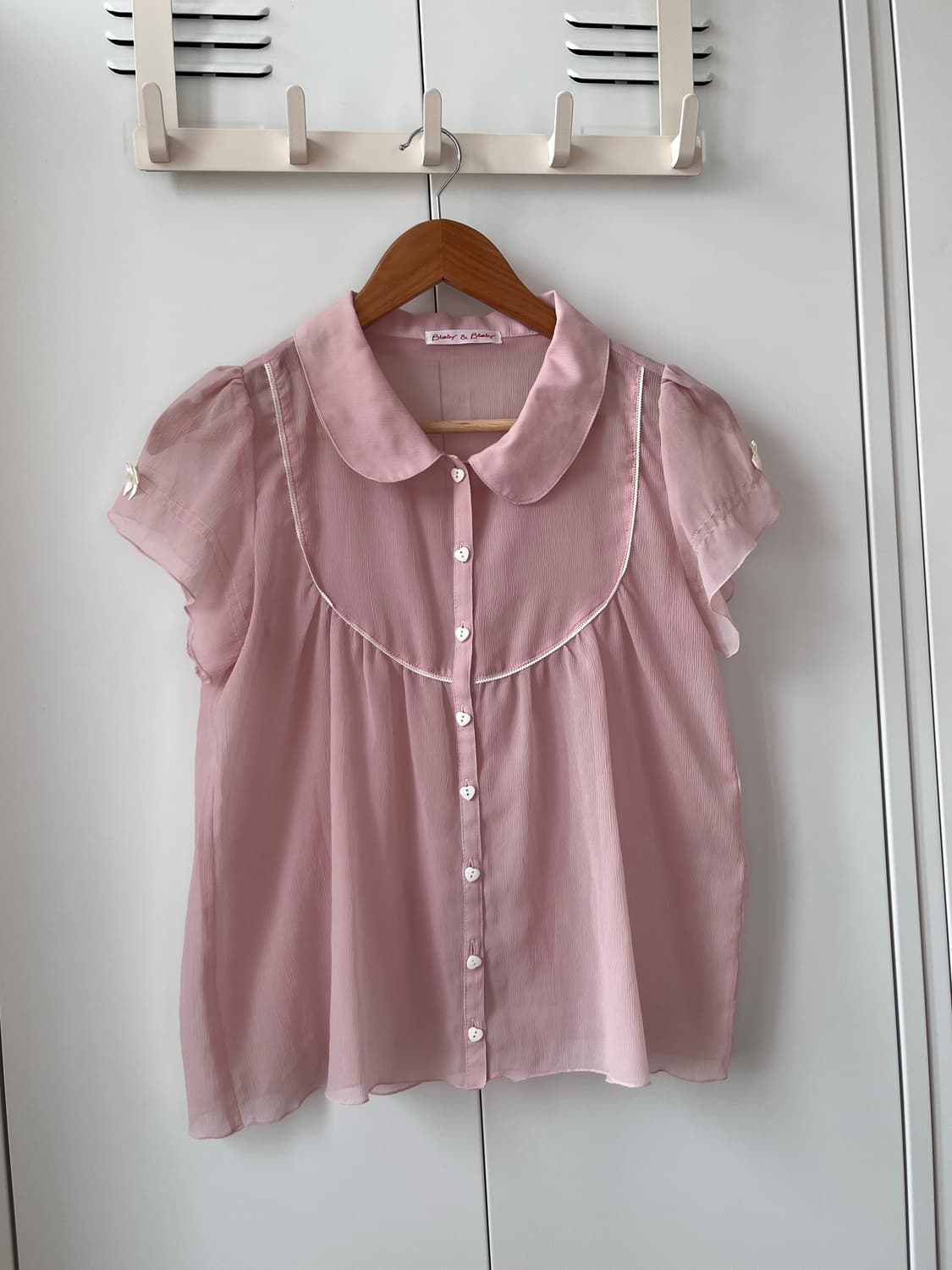 Vintage 하트 리본 연분홍 로걀 반팔 블라우스 상품이미지4