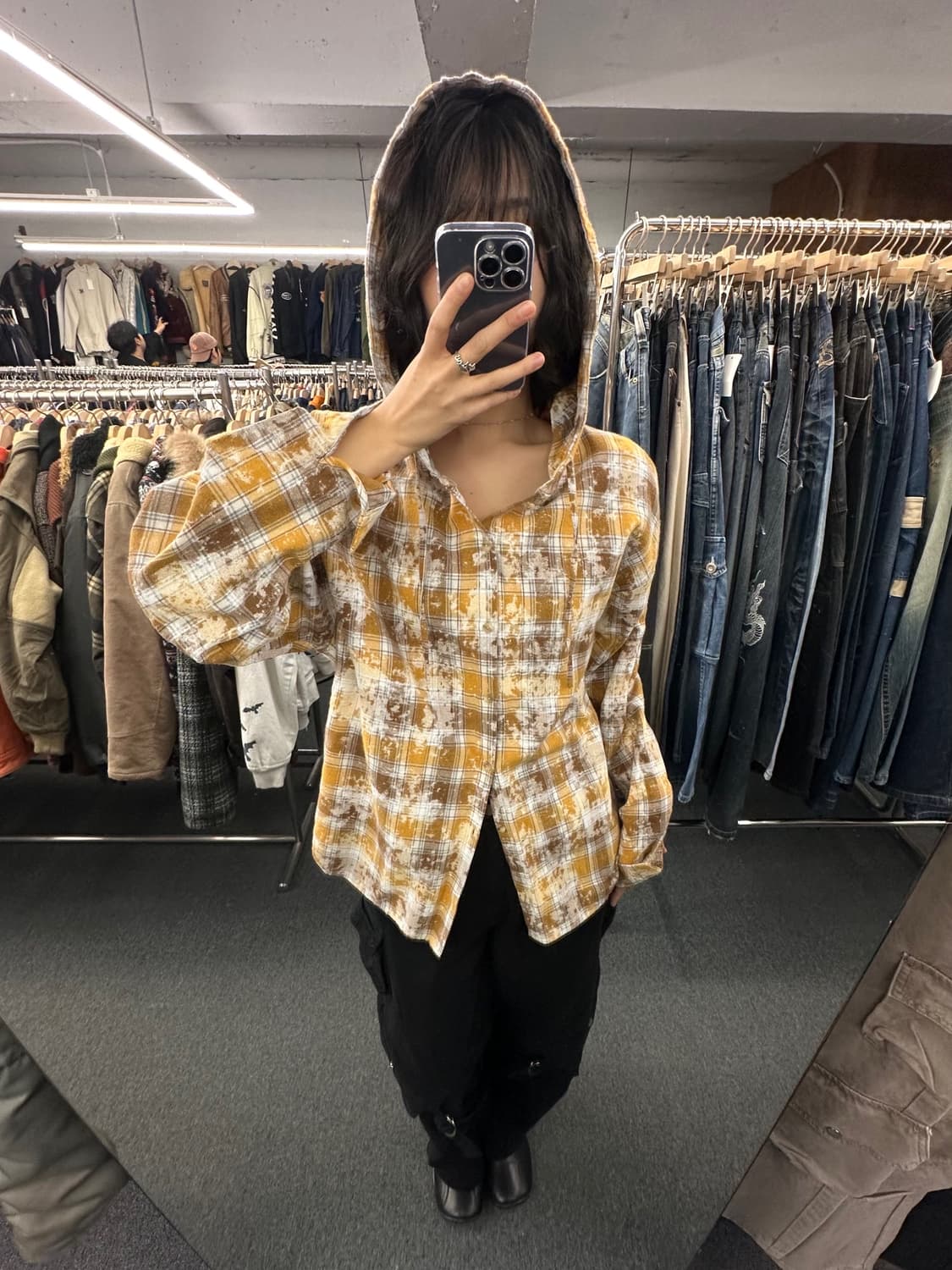 OS)빈티지 그런지 오버핏 후드 체크 셔츠 상품이미지2