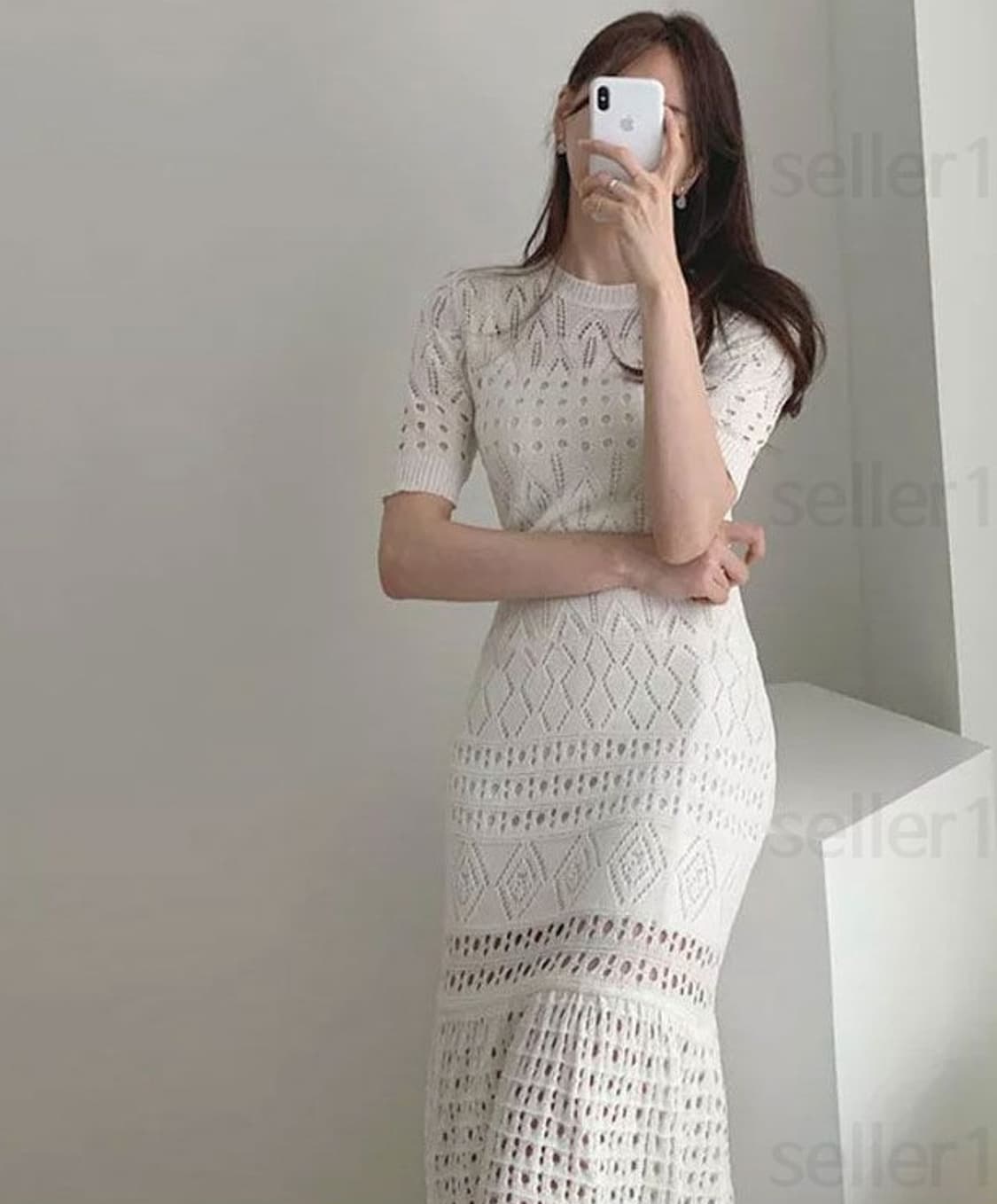 펀칭니트 반팔 롱원피스 55 66 아이보리 상품이미지1