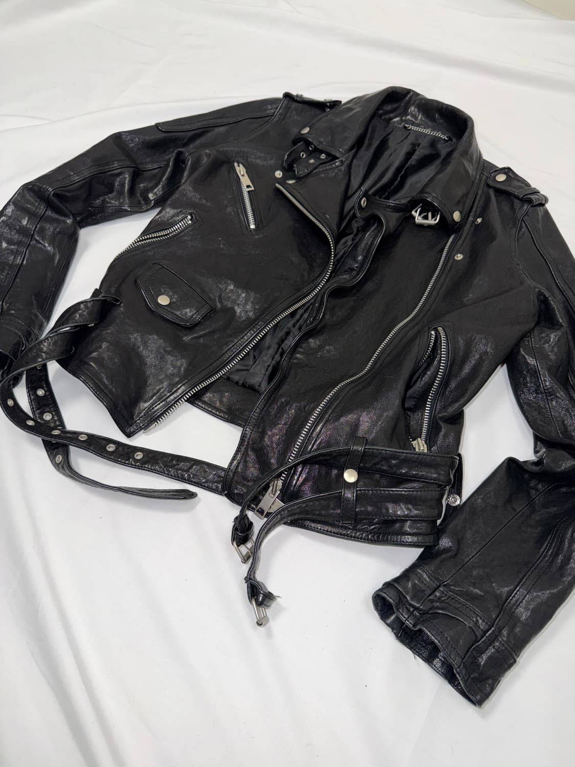 슬림 하이넥 바이커 레더 자켓 상품이미지4