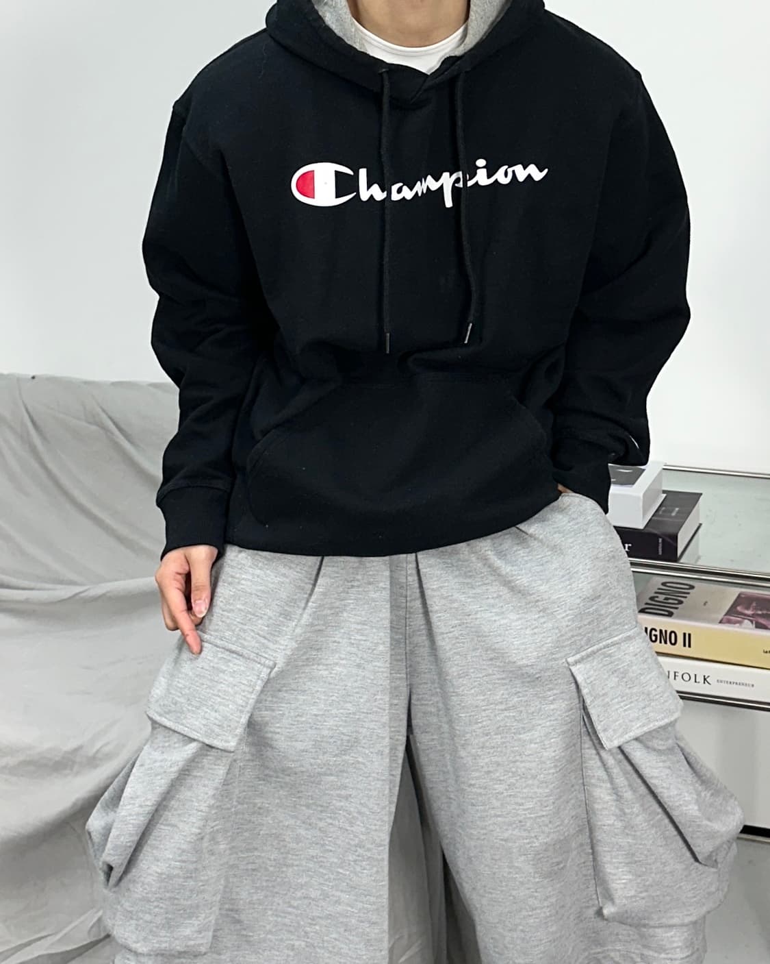 챔피온 빅로고 블랙 후드티 2XL 상품이미지2